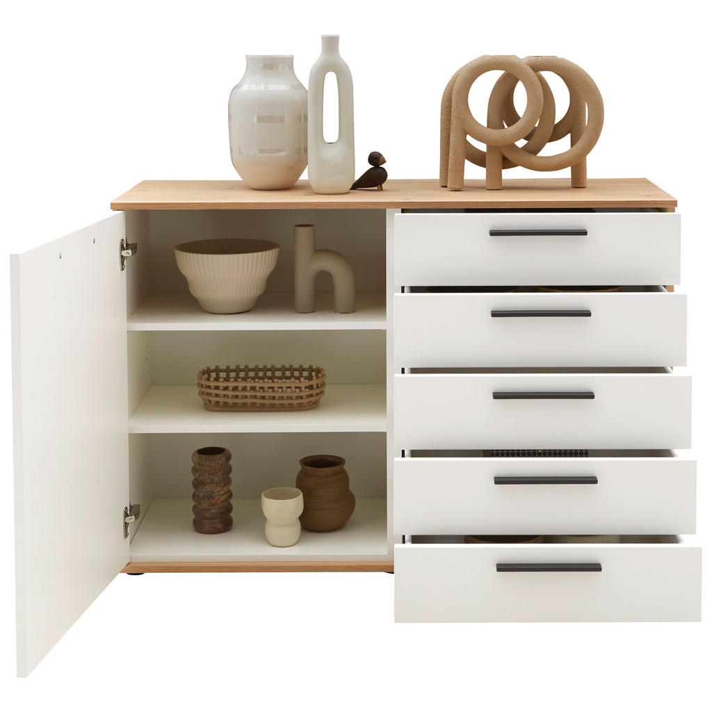 Thumbnail - Dieter Knoll Sideboard Gala, Weiß, Eiche, Holzwerkstoff, Balkeneiche, furniert, 2 Fächer, 5 Schubladen, 120x82.2x46 cm, ...