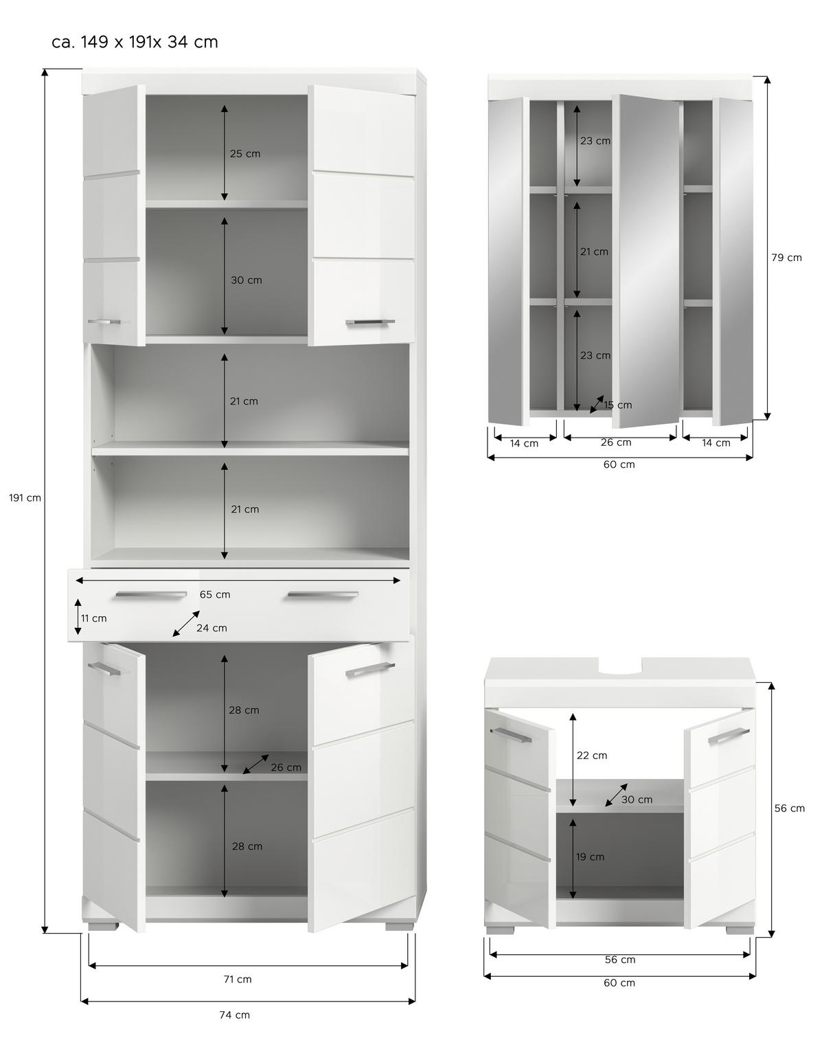 BADEZIMMER 3-teilig  in  - Weiß Hochglanz/Silberfarben, MODERN, Holzwerkstoff/Kunststoff (134cm) - MID.YOU