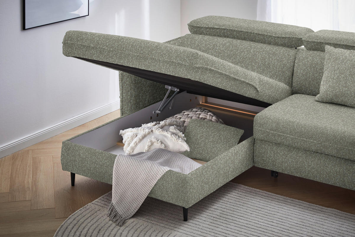 ECKSOFA inkl. Funktionen Grün, Hellgrau Struktur  - Hellgrau/Schwarz, Design, Holz/Textil (185/232cm) - Stylife