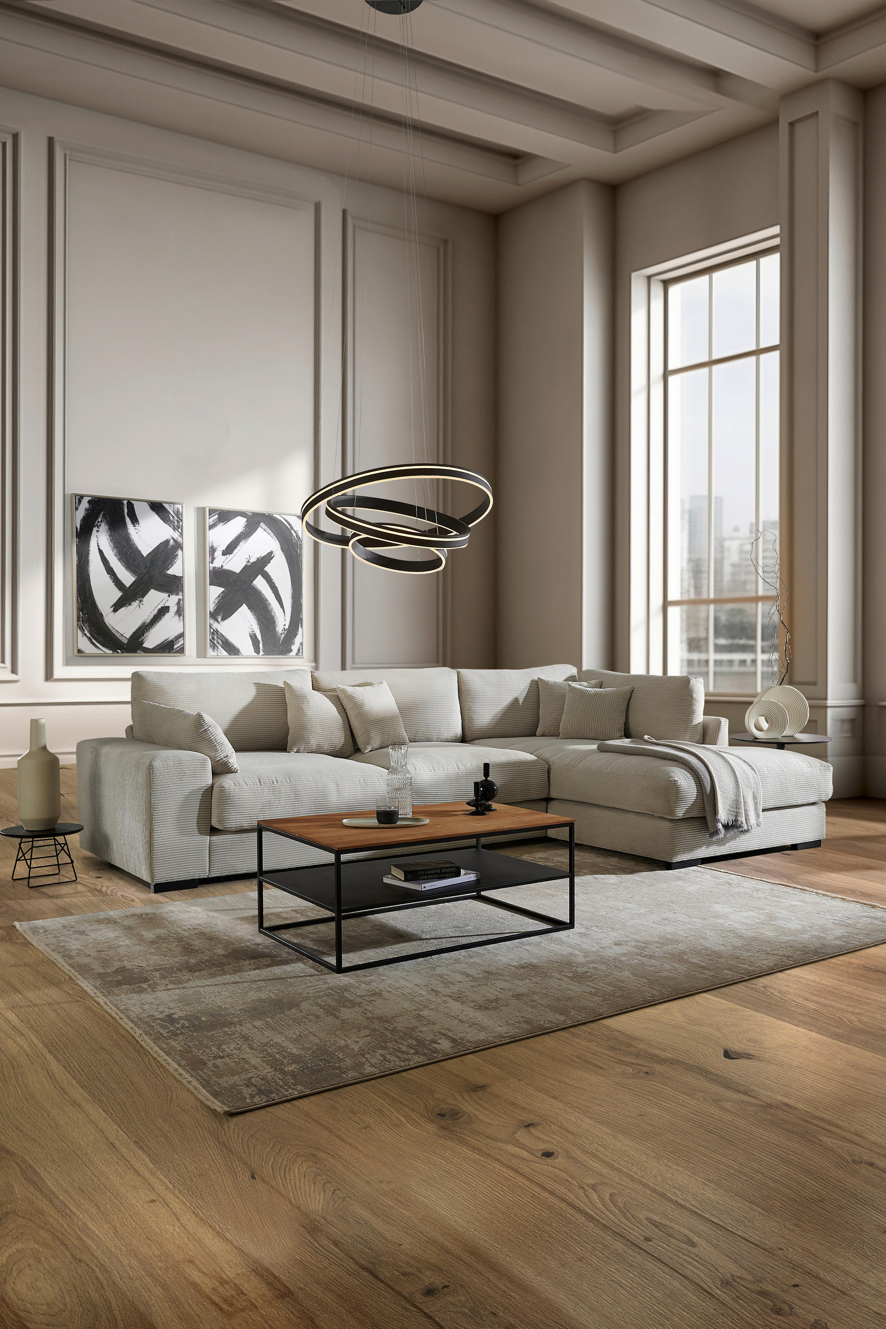 ECKSOFA Hellgrau Cord  - Hellgrau/Schwarz, Design, Kunststoff/Textil (340/205cm) - home24