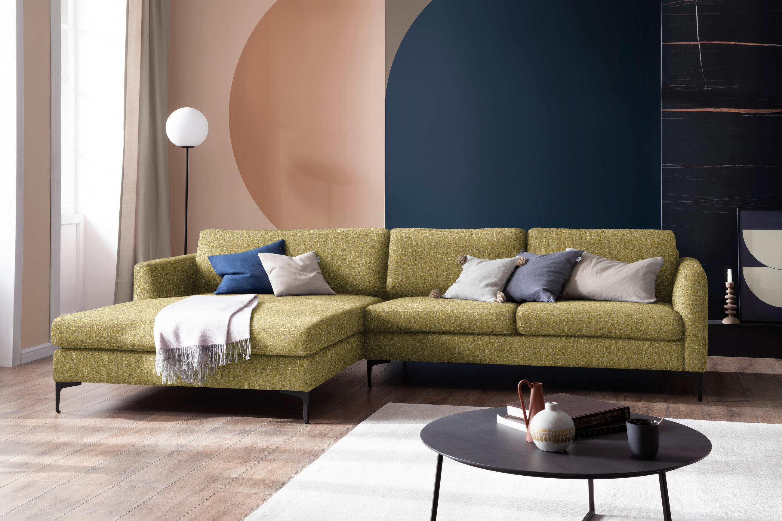ECKSOFA in Flachgewebe Currygelb  195/310 cm  - Currygelb/Schwarz, Design, Textil/Metall (195/310cm) - Schöner Wohnen