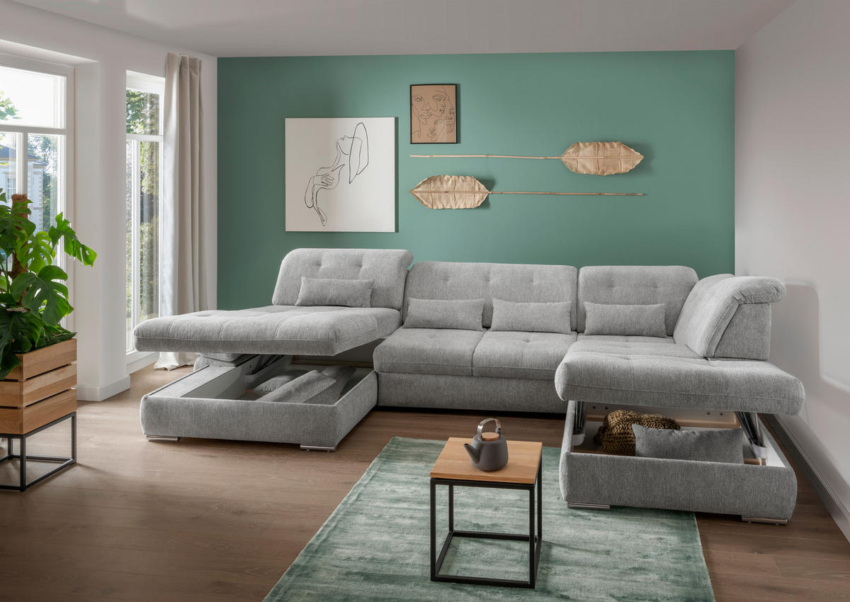 WOHNLANDSCHAFT in Chenille Silberfarben  - Chromfarben/Silberfarben, Design, Textil/Metall (195/376/254cm) - Livetastic
