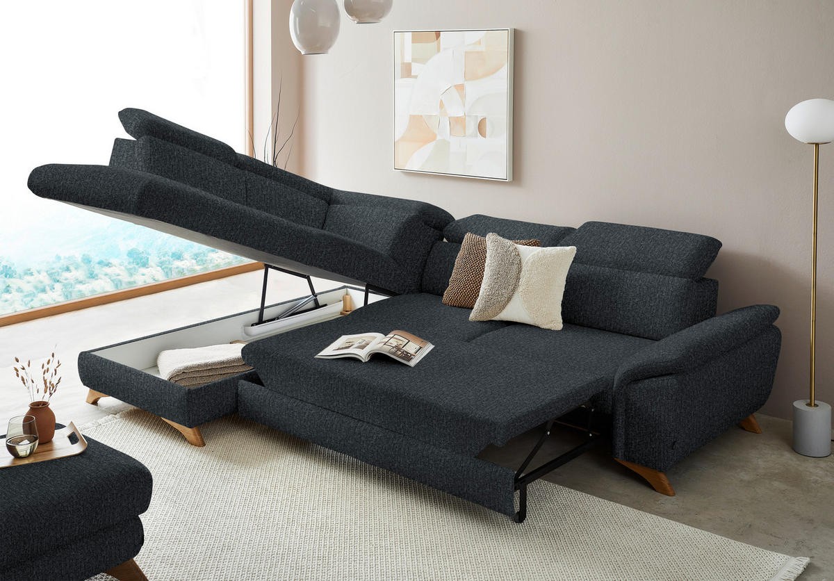 ECKSOFA in Chenille Dunkelgrau  - Eichefarben/Dunkelgrau, Modern, Holz/Textil (212/287cm) - Valnatura