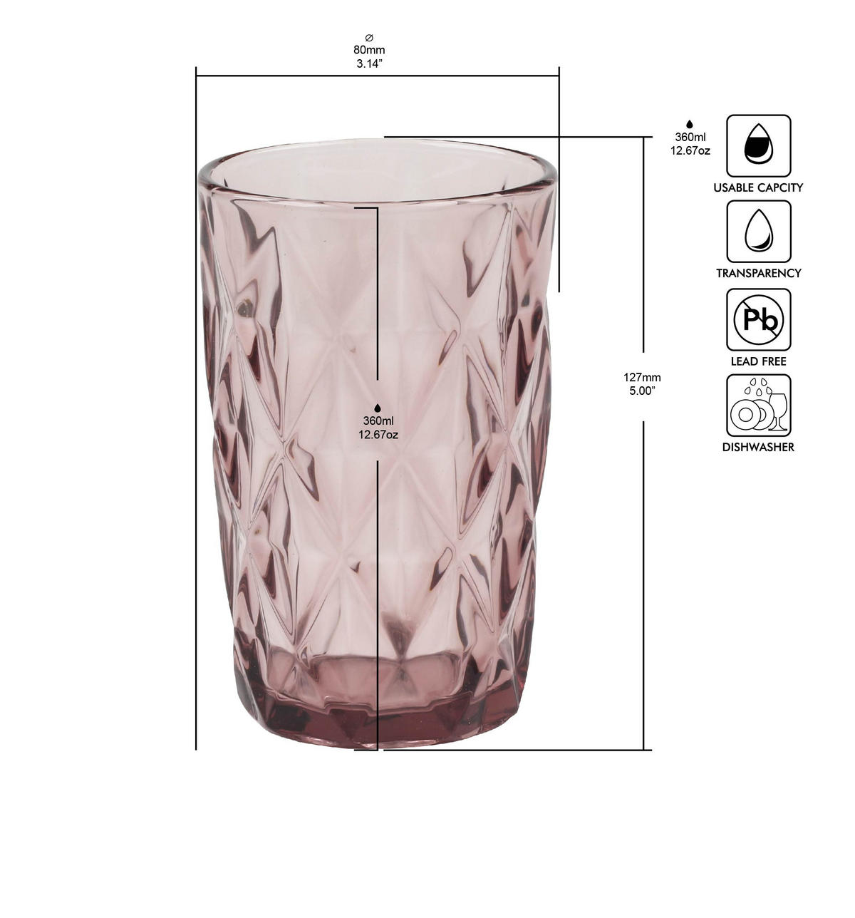 POHÁR NA PITIE - ružová, Basics, sklo (8/12,7cm) - Novel