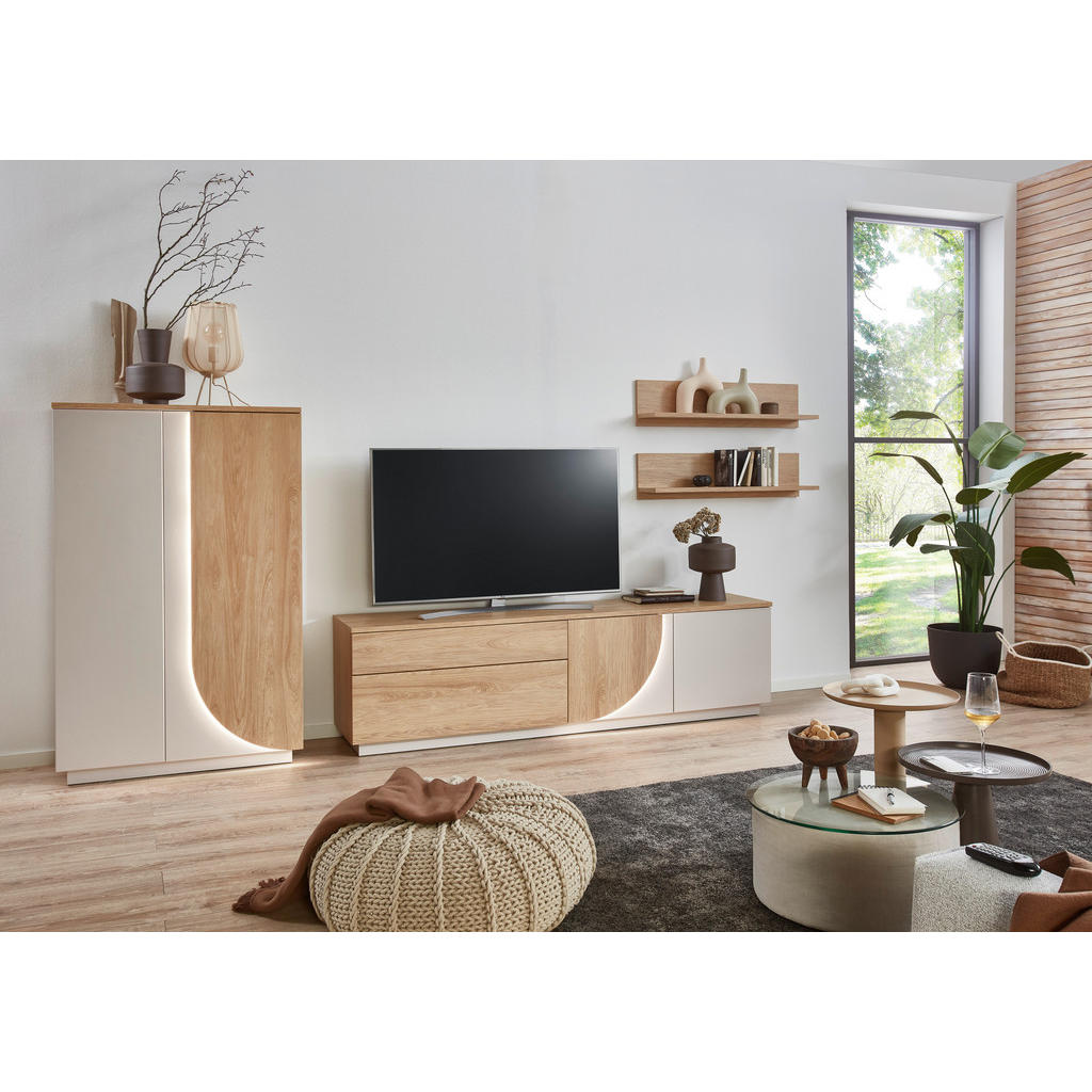 Thumbnail - Stylife Wohnwand, Eiche, Kaschmir, Holzwerkstoff, 4-teilig, 8 Fächer, 2 Schublade(n) Schubladen, E, 315x174x42 cm, Beimö...