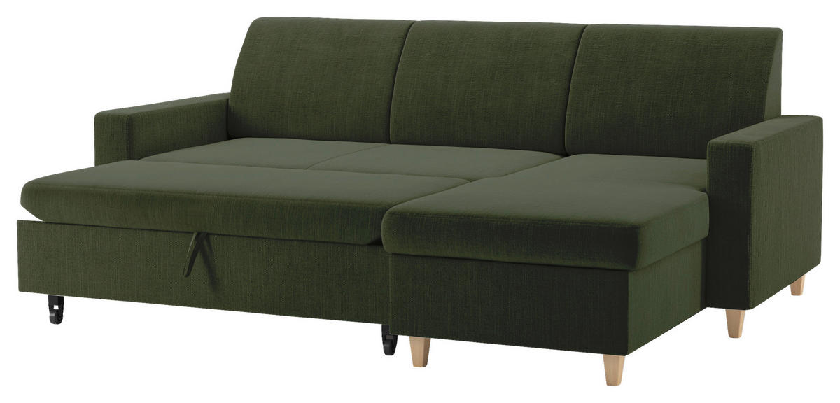 ECKSOFA NIKAS Grün Flachgewebe Bettkasten  - Buchefarben/Grün, Design, Holz/Textil (227/156cm) - MID.YOU