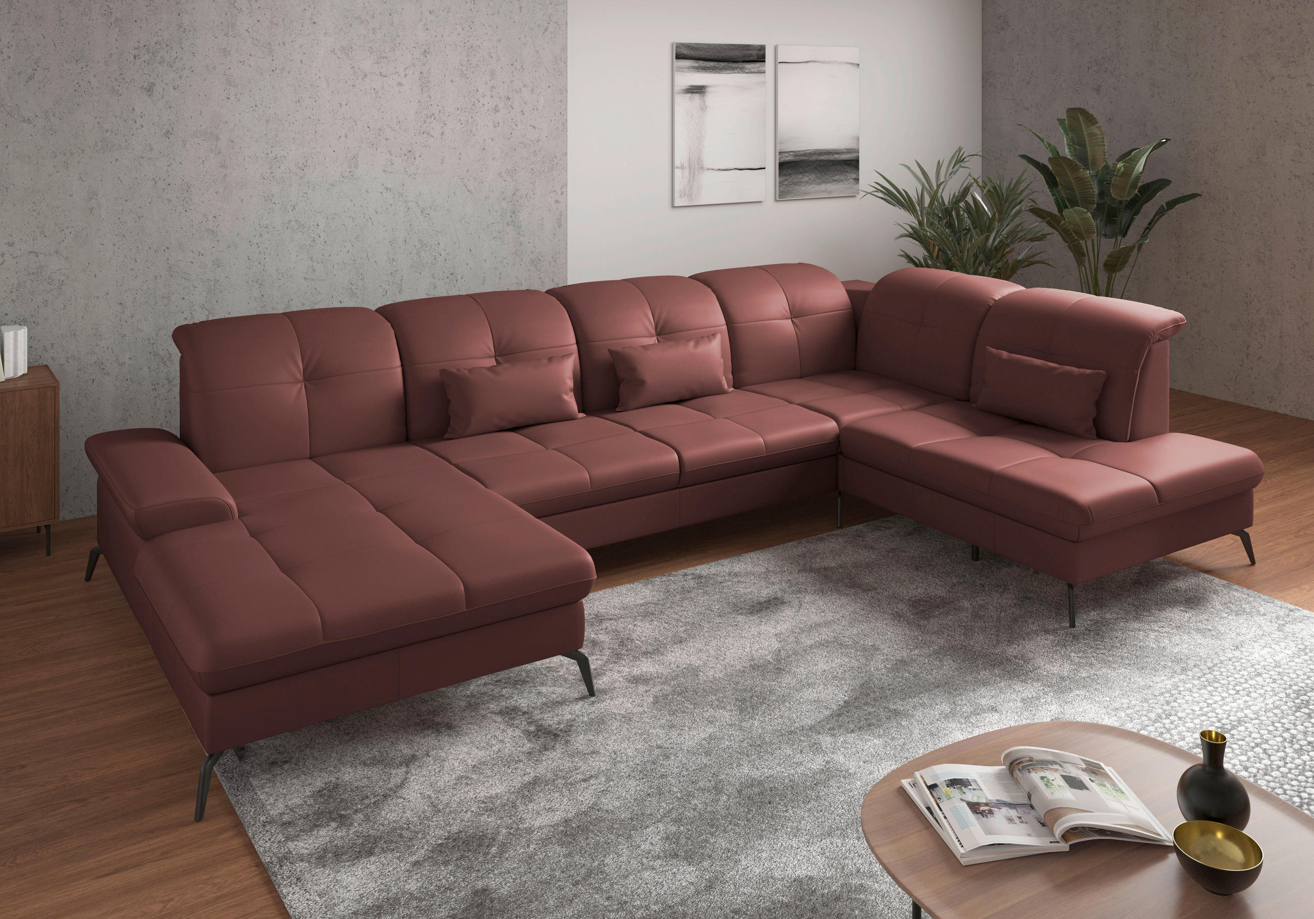 WOHNLANDSCHAFT Rotbraun Echtleder  - Rotbraun/Schwarz, KONVENTIONELL, Leder/Metall (185/357/231cm) - Sit & More