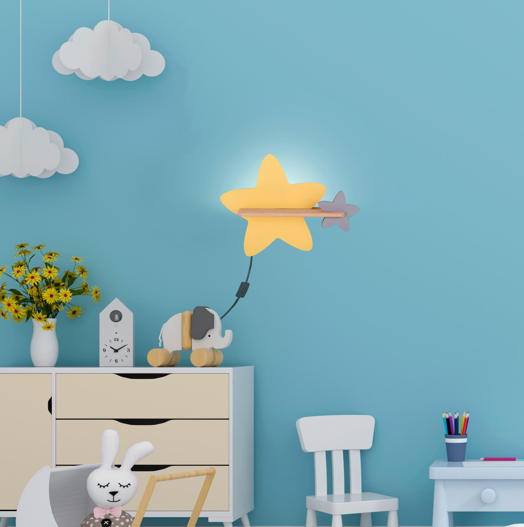 VÄGGLAMPA FÖR BARN Star 40/12/31 cm   - grå/guldfärgad, Basics, metall/trämaterial (40/12/31cm)