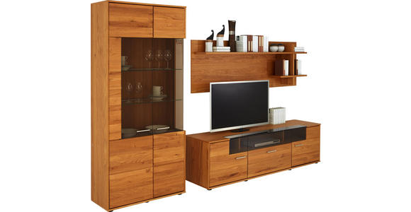 WOHNWAND Asteiche teilmassiv Eichefarben - Eichefarben/Silberfarben, KONVENTIONELL, Glas/Holz (304,3/203,8/48cm) - Voleo