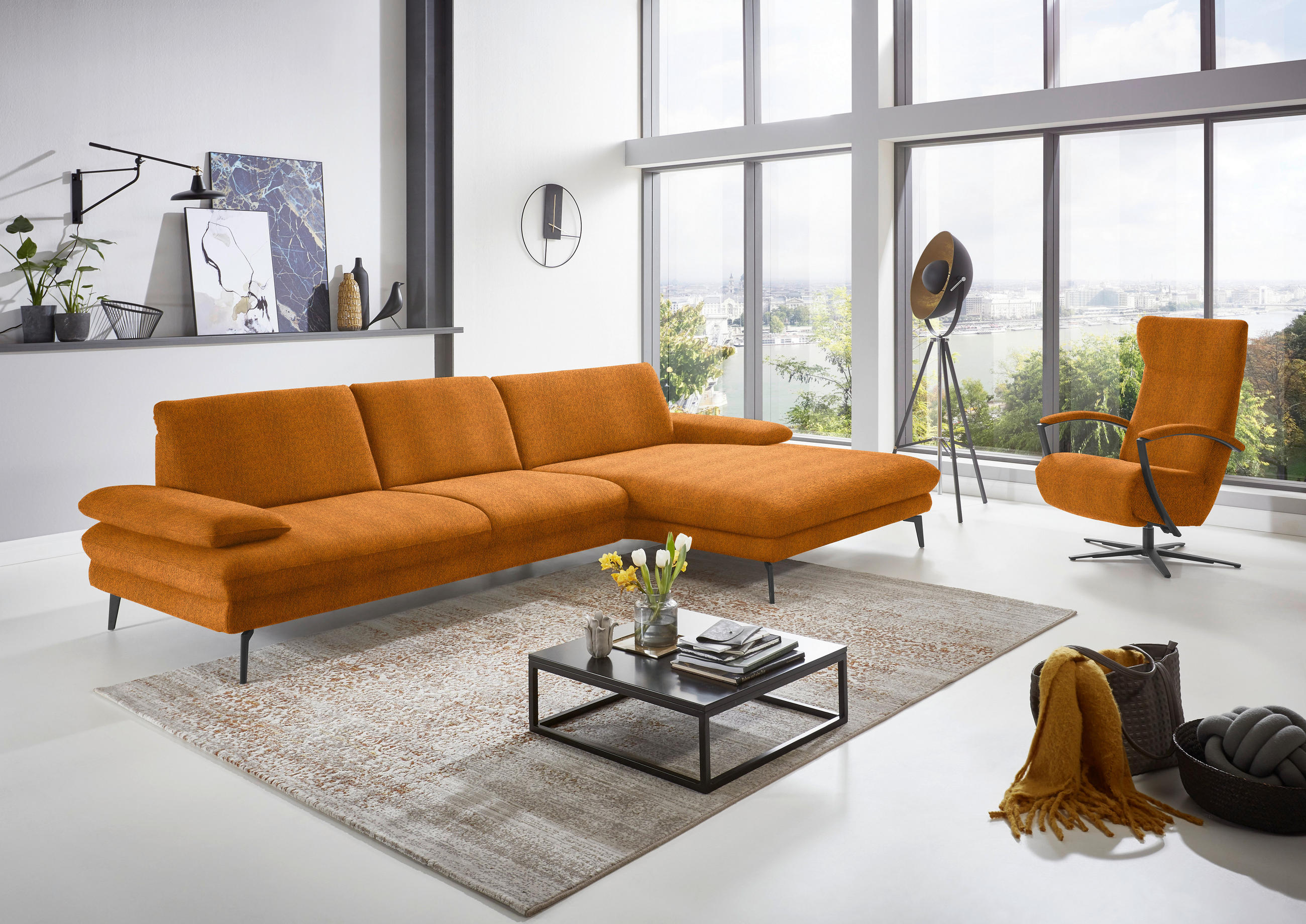 ECKSOFA in Chenille Orange  - Schwarz/Orange, Design, Textil/Metall (310/180cm) - Dieter Knoll