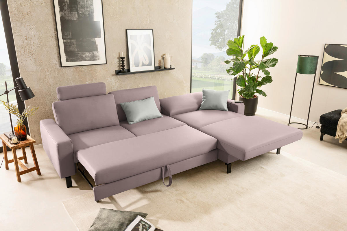 ECKSOFA  in Cord Rosa Rücken echt, Sitztiefenverstellung  298/185 cm  - Schwarz/Rosa, Design, Textil/Metall (298/185cm) - Pure Home Lifestyle