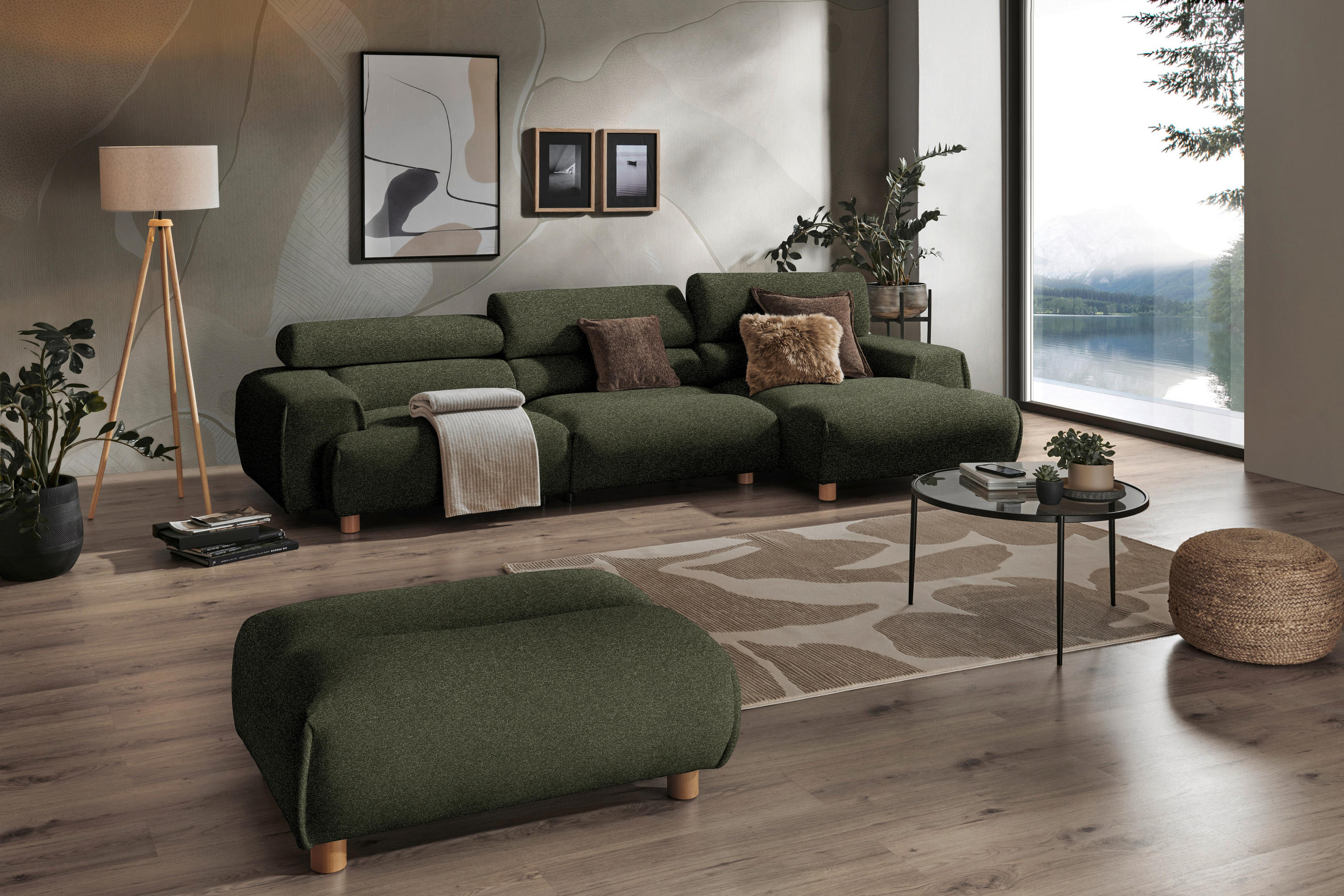 ECKSOFA in Velours Dunkelgrün  - Dunkelgrün/Buchefarben, Design, Holz/Textil (329/150cm) - Lomoco