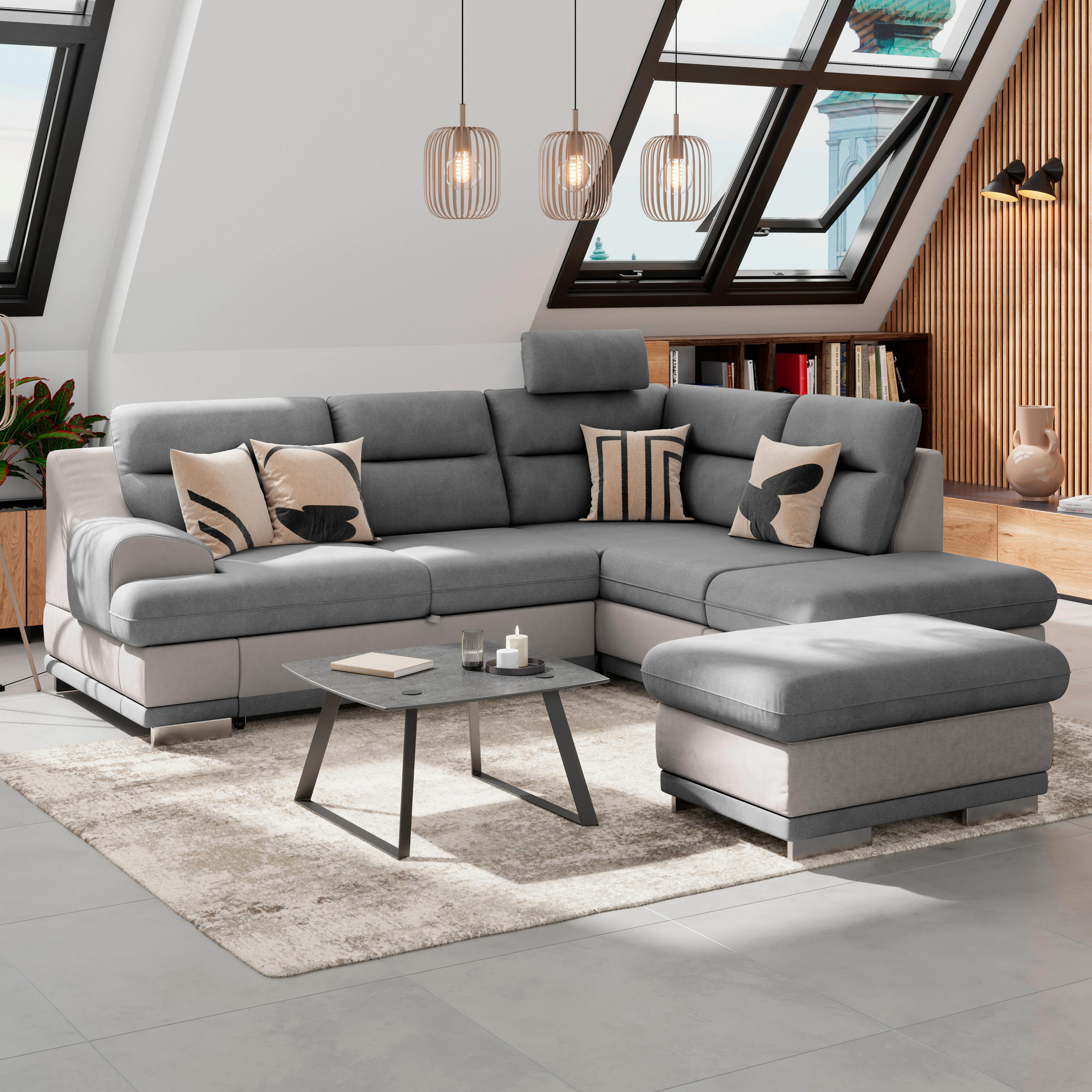 WOHNLANDSCHAFT in Velours Grau, Dunkelgrau  - Chromfarben/Dunkelgrau, Konventionell, Textil/Metall (264/217cm) - MID.YOU