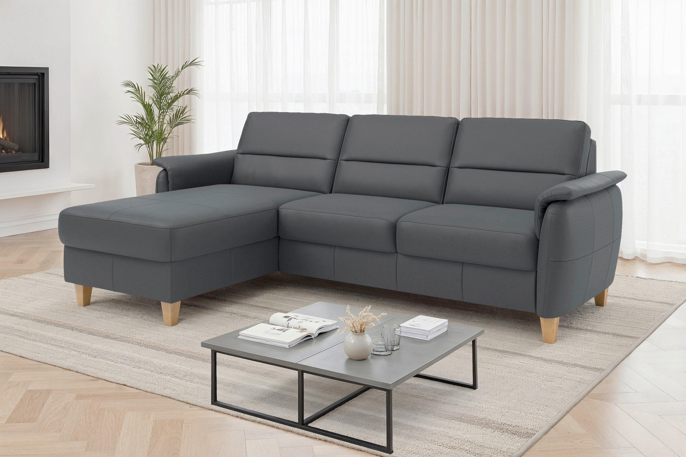 ROHOVÁ SEDAČKA, koža, čierna - čierna/farba duba, Basics, koža/drevo (163/244cm) - Sit & More