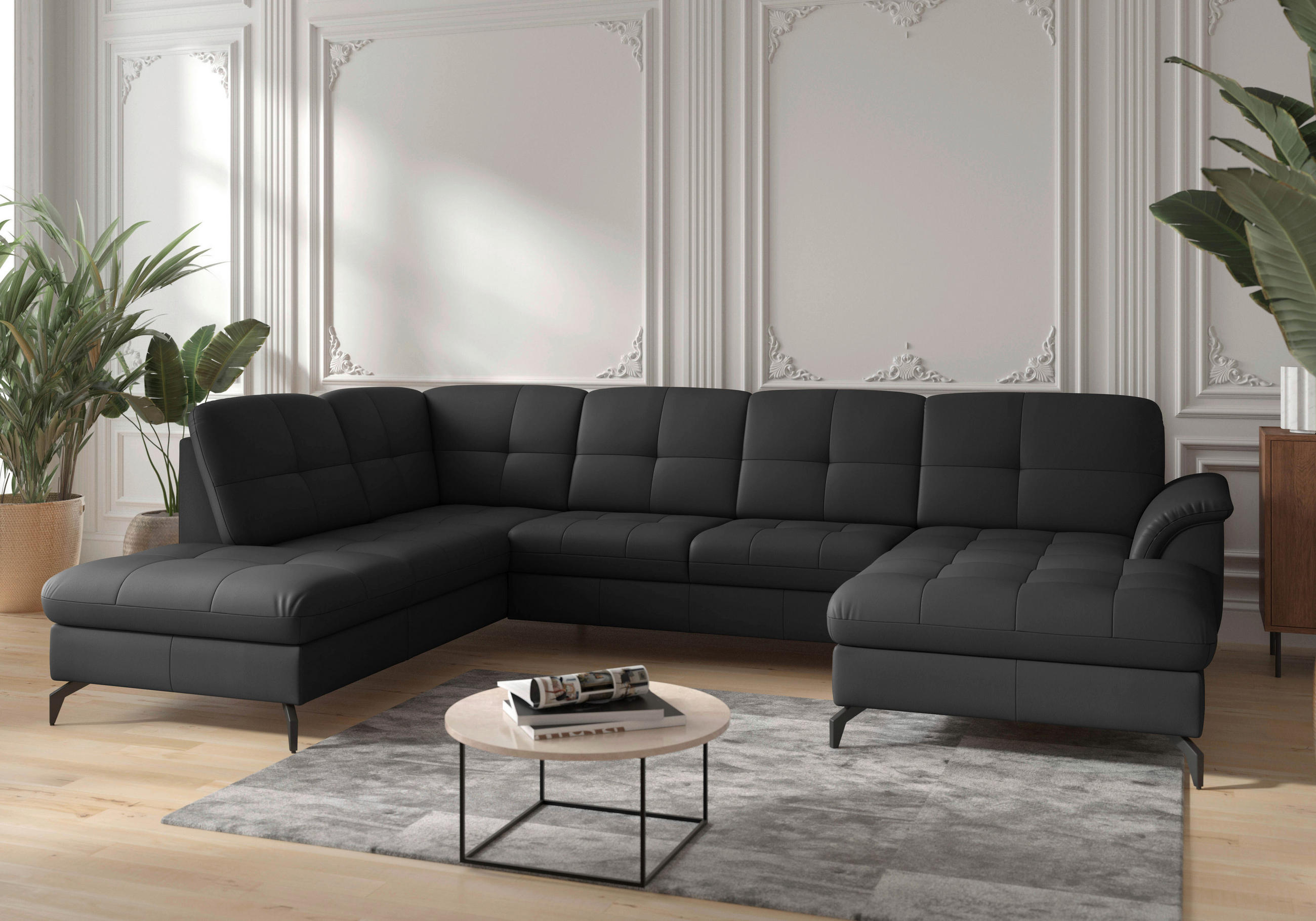 WOHNLANDSCHAFT Schwarz Echtleder  - Schwarz, MODERN, Leder/Metall (212/319/164cm) - Sit & More