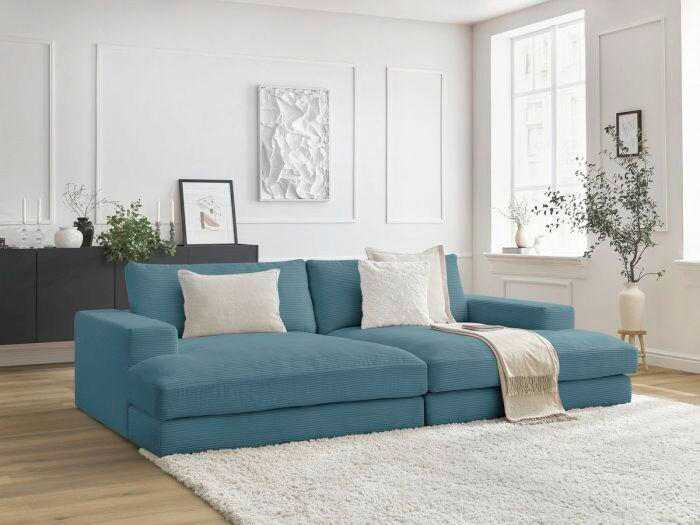 BIGSOFA LEONARD Cord Hellblau  - Schwarz/Hellblau, MODERN, Kunststoff/Textil (234/77/159cm)