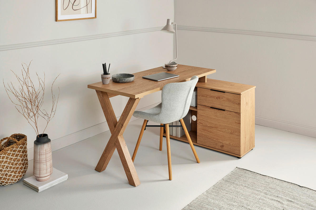 ECKSCHREIBTISCH 140/95/76 cm Eichefarben Kabeldurchlass, Stauraum, seitenverkehrt montierbar, in verschiedenen Holz-Dekoren erhältlich  - Eichefarben/Schwarz, MODERN, Holzwerkstoff/Metall (140/95/76cm) - MID.YOU