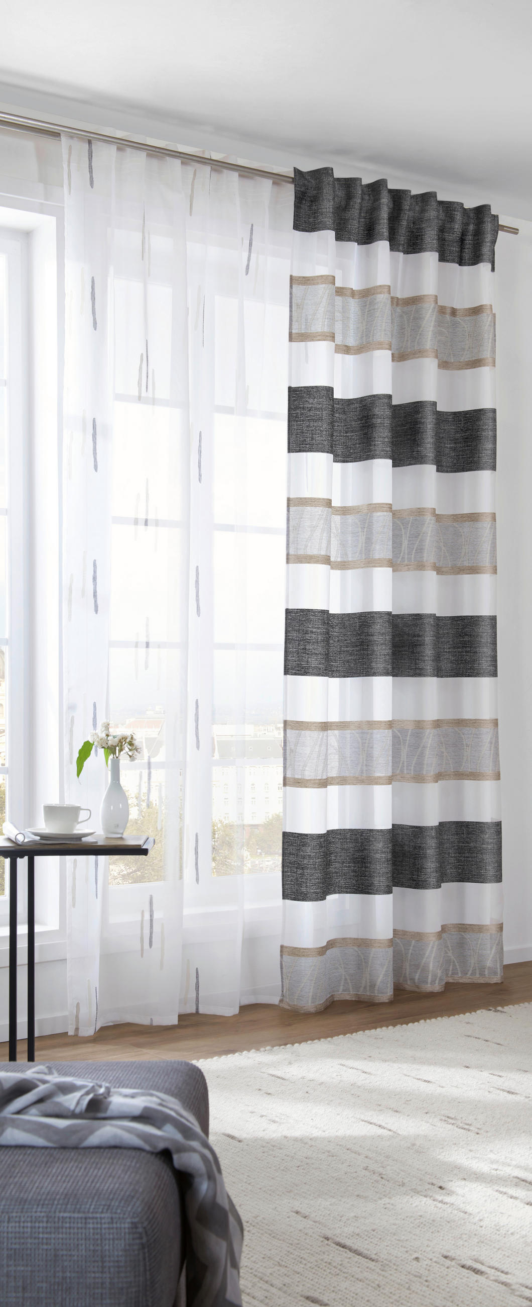 HOTOVÝ ZÁVĚS, průhledné, 135/245 cm - šedá/černá, Konvenční, textil (135/245cm) - Esposa