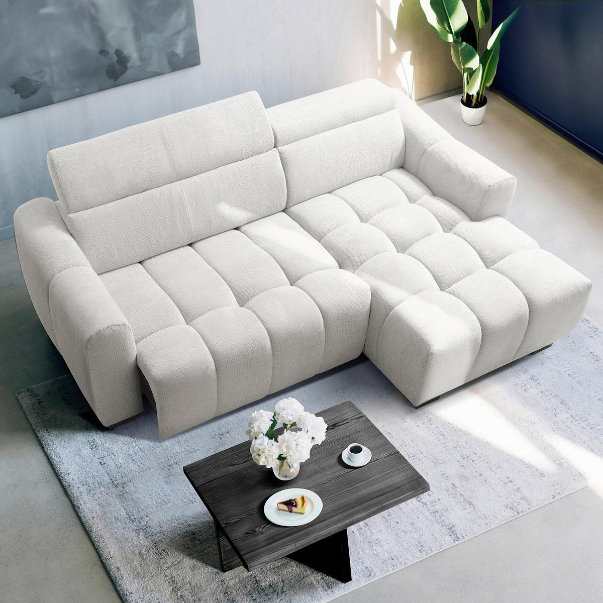 ECKSOFA AVEIRO Silberfarben Webstoff Bettkasten, Kopfteilverstellung, Sitzvorzug  - Silberfarben/Schwarz, Design, Kunststoff/Textil (274/177cm) - Livetastic