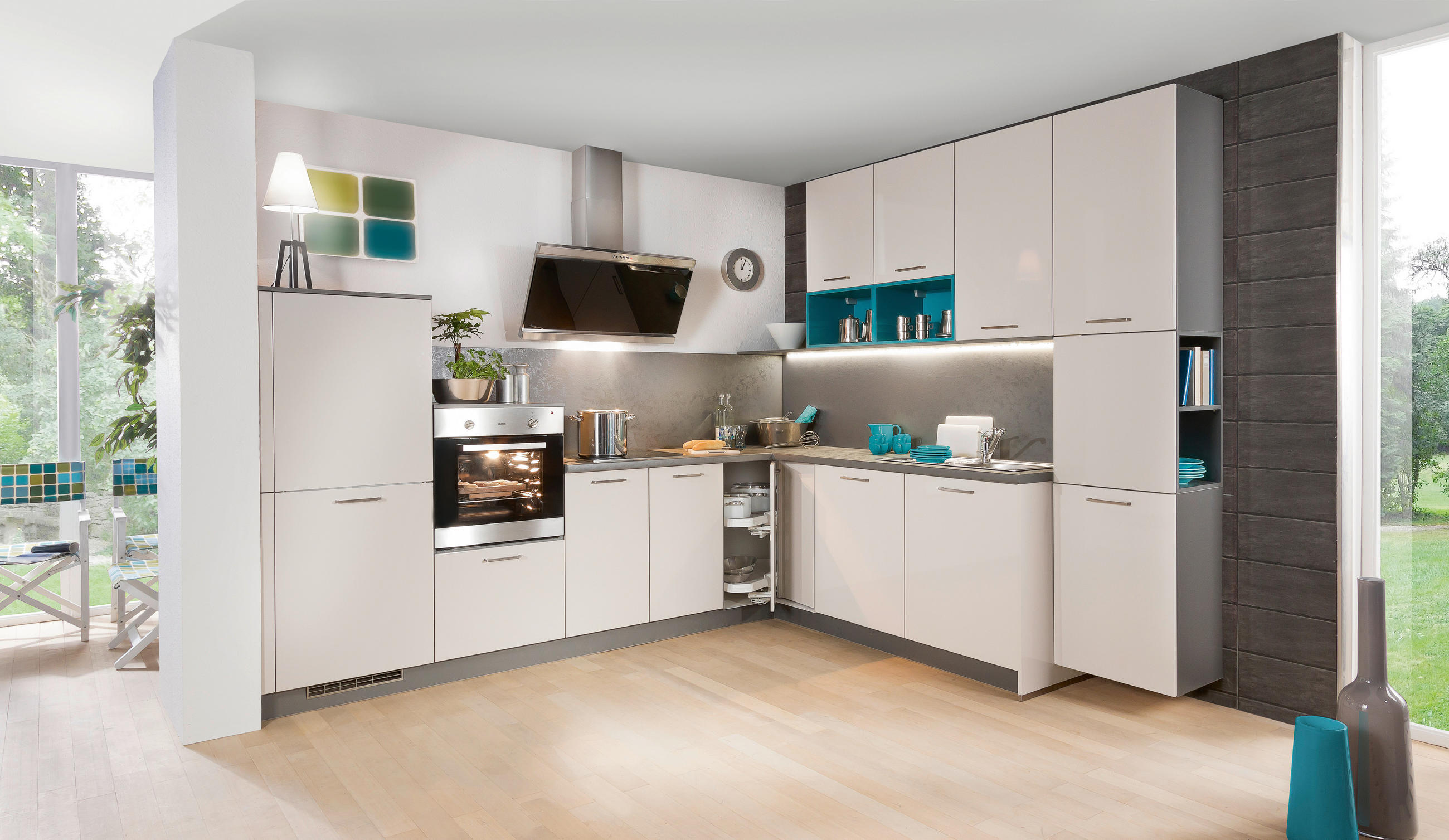 ECKKÜCHE  in Creme, Türkis  - Türkis/Creme, Design, Holzwerkstoff - Welnova