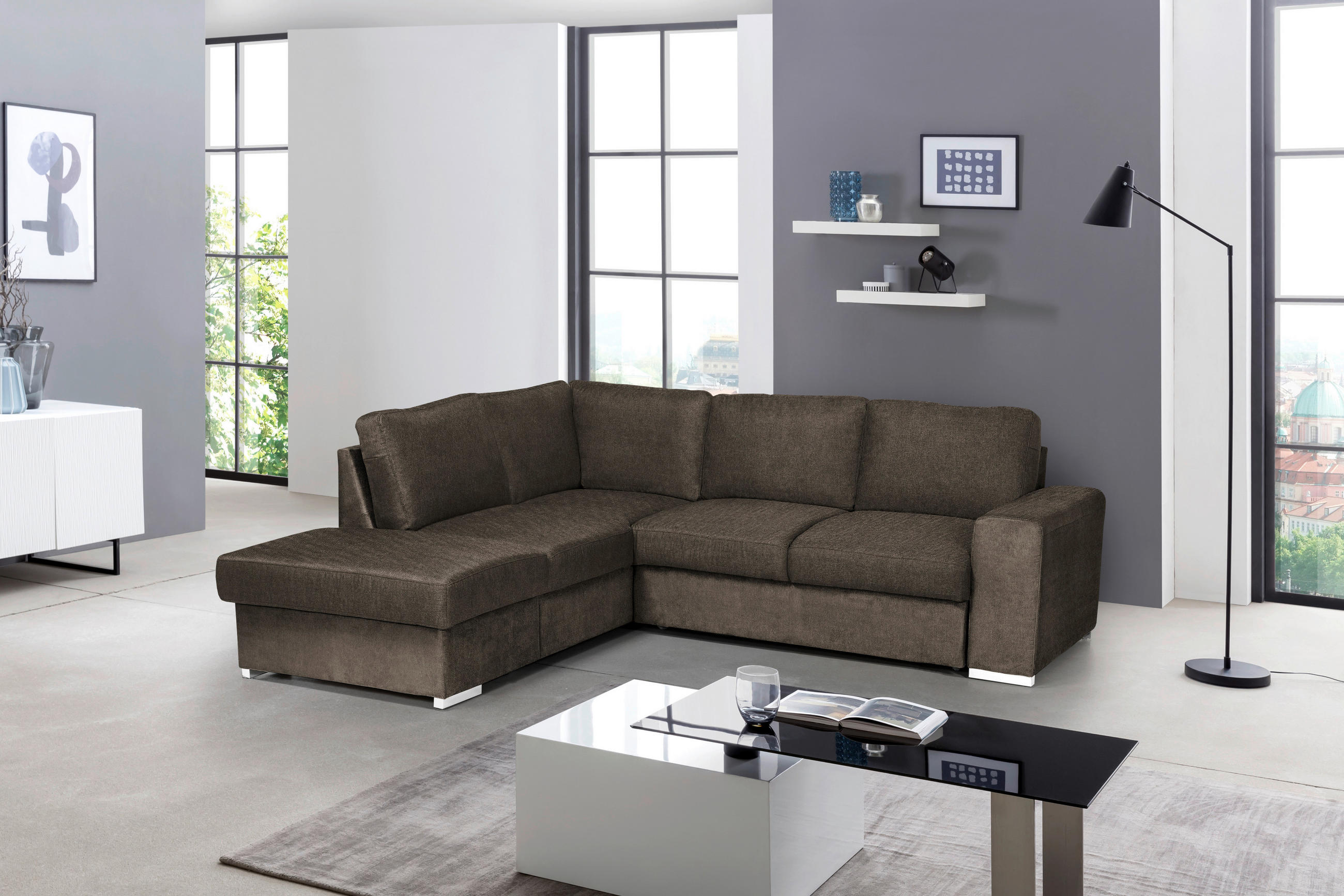 ECKSOFA in Mikrofaser Dunkelbraun  213/248 cm  - Chromfarben/Dunkelbraun, KONVENTIONELL, Textil/Metall (213/248cm) - MID.YOU
