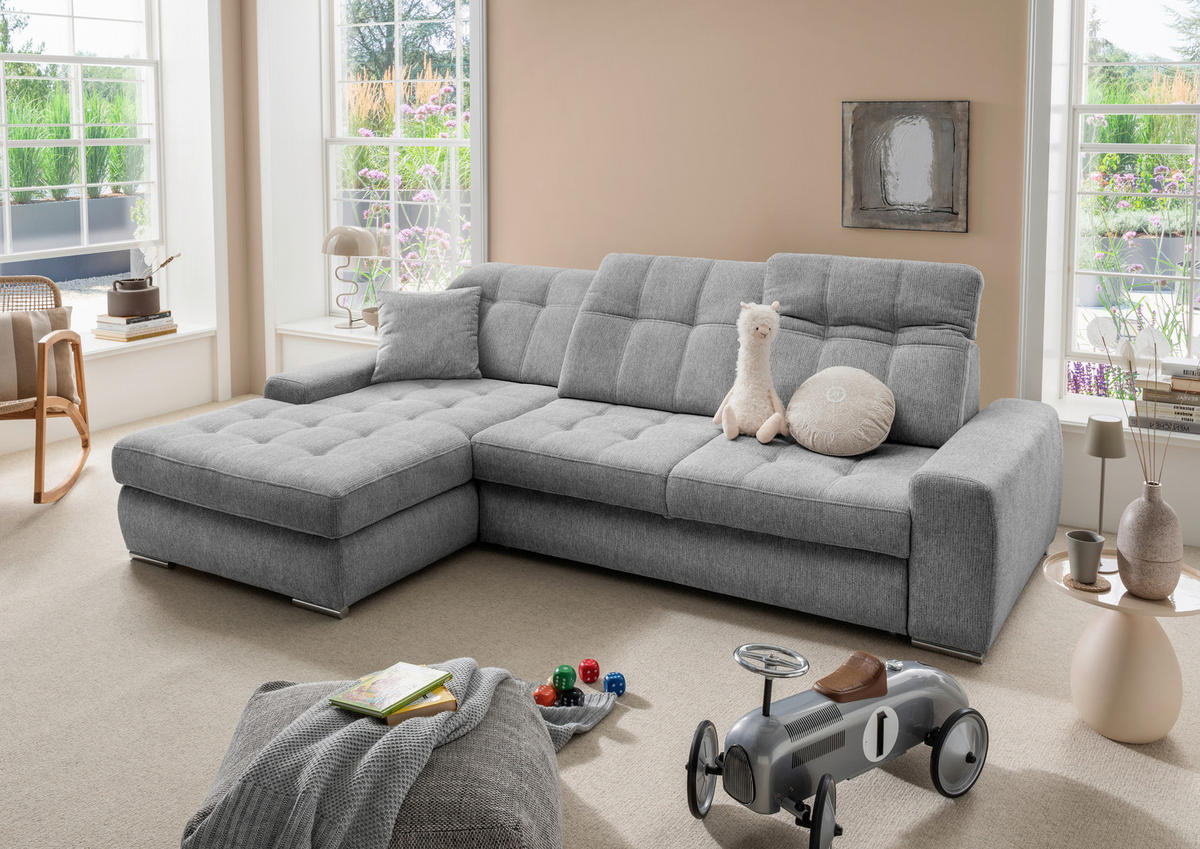 ECKSOFA FRIDO Dunkelgrau Chenille Rücken echt, Kopfteilverstellung, Sitztiefenverstellung  - Chromfarben/Dunkelgrau, KONVENTIONELL, Textil/Metall (186/283cm) - Livetastic