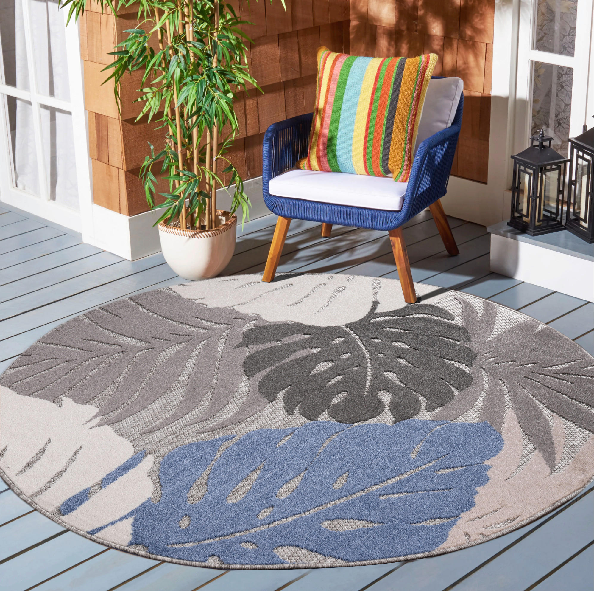 PREPROGA ZA ZUNANJO UPORABO Floral 150 cm tkano modra - modra, Trendi, umetna masa/tekstil (150cm)