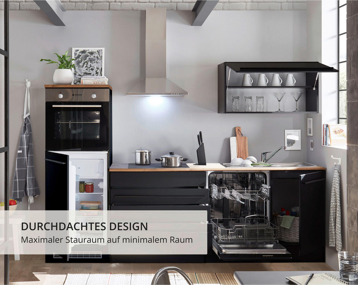 KÜCHENBLOCK 260 cm   in Schwarz  - Eichefarben/Schwarz, LIFESTYLE, Holzwerkstoff/Kunststoff (260cm) - MID.YOU