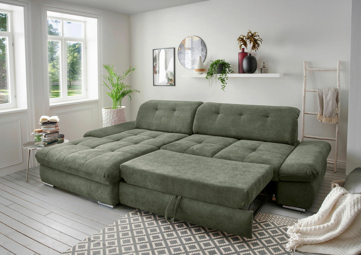 ECKSOFA Dalida Dunkelgrün Chenille  - Chromfarben/Dunkelgrün, Design, Textil/Metall (196/300cm) - Livetastic