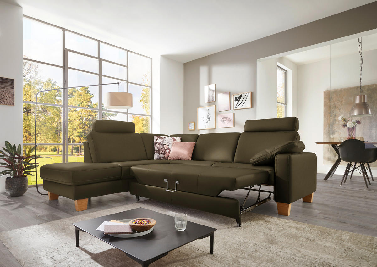 ECKSOFA in Echtleder Olivgrün  - Eiche Bianco/Olivgrün, Konventionell, Leder/Holz (235/257cm) - Valdera