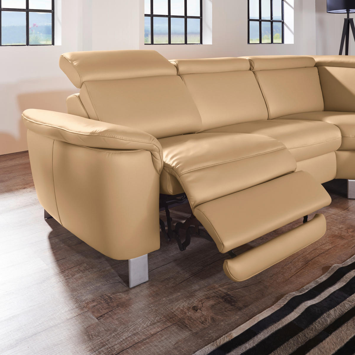 ECKSOFA in Echtleder Honig  - Alufarben/Honig, Design, Leder/Metall (271/239cm) - Cantus