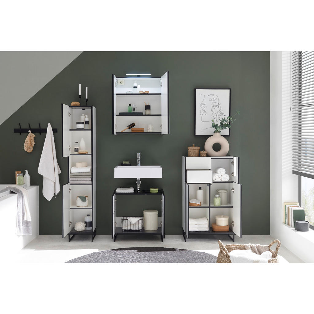 Thumbnail - Mid.you Waschbeckenunterschrank, Weiß, Schwarz, Holzwerkstoff, 60x59.4x31 cm, Made in EU, stehend, Badezimmer, Badezimme...