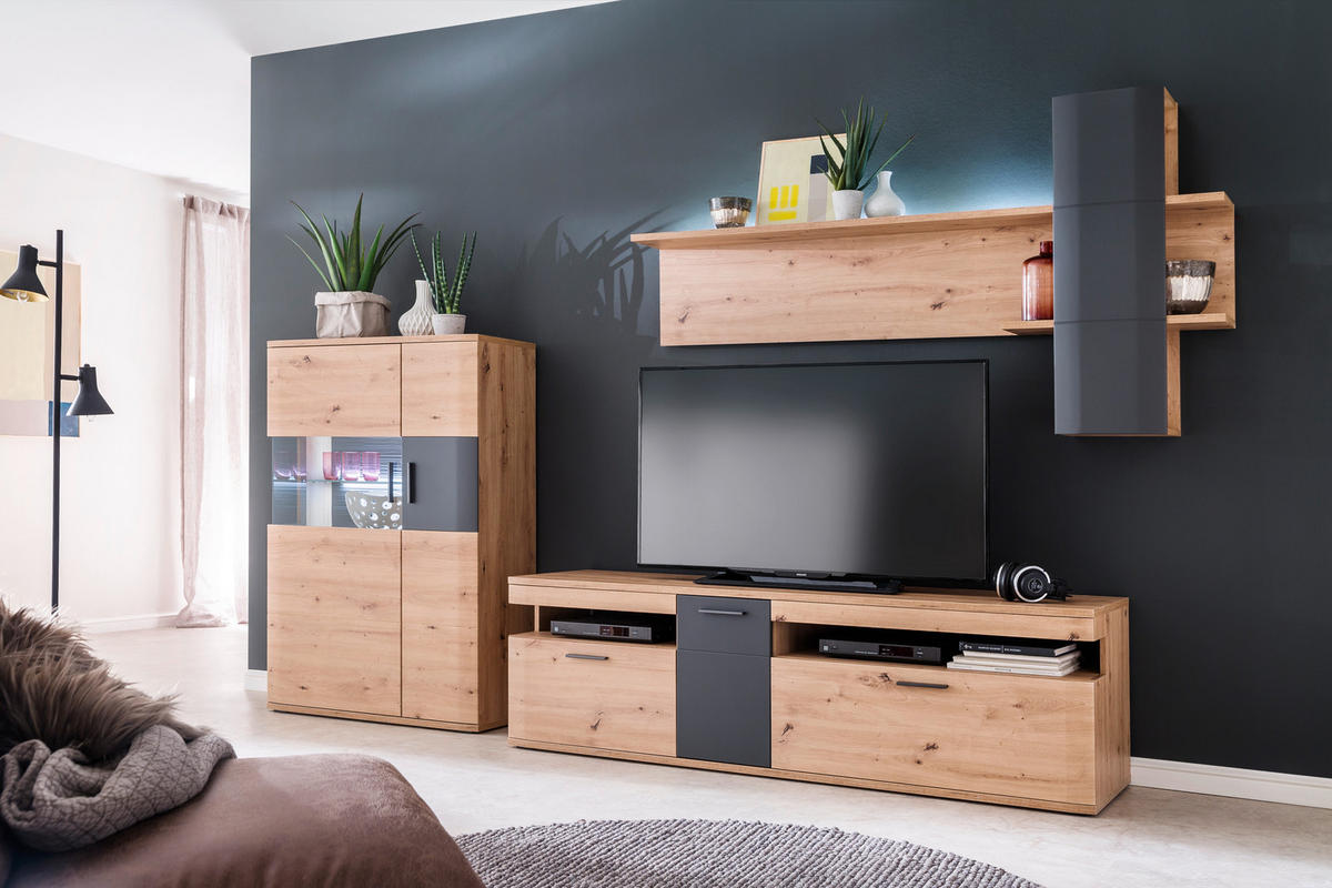 WOHNWAND  in Anthrazit, Klar, Eichefarben  310/198/50 cm  - Klar/Eichefarben, Design, Glas/Holzwerkstoff (310/198/50cm) - Livetastic