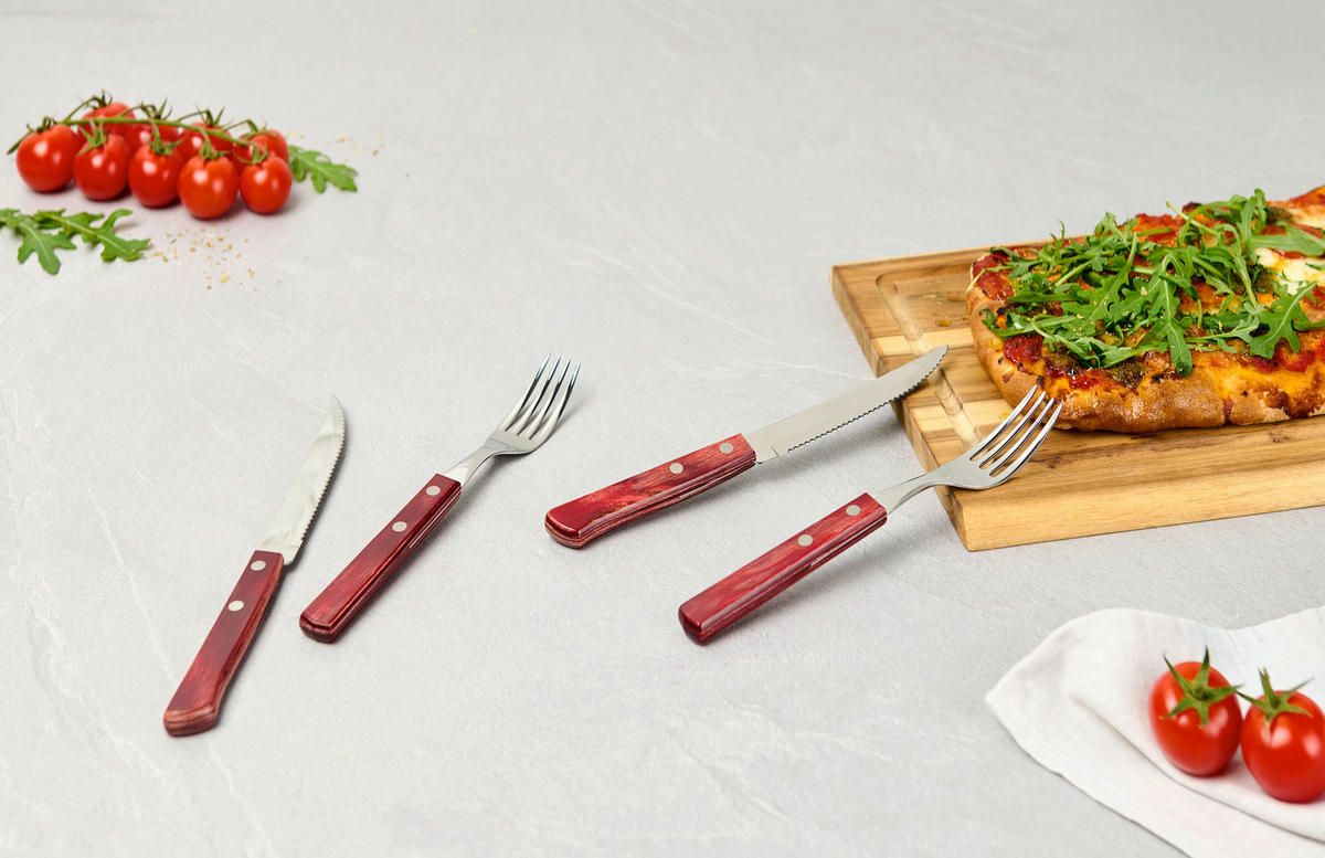 SADA PŘÍBORŮ, nerezová ocel, 12dílné - červená, Lifestyle, kov/dřevo