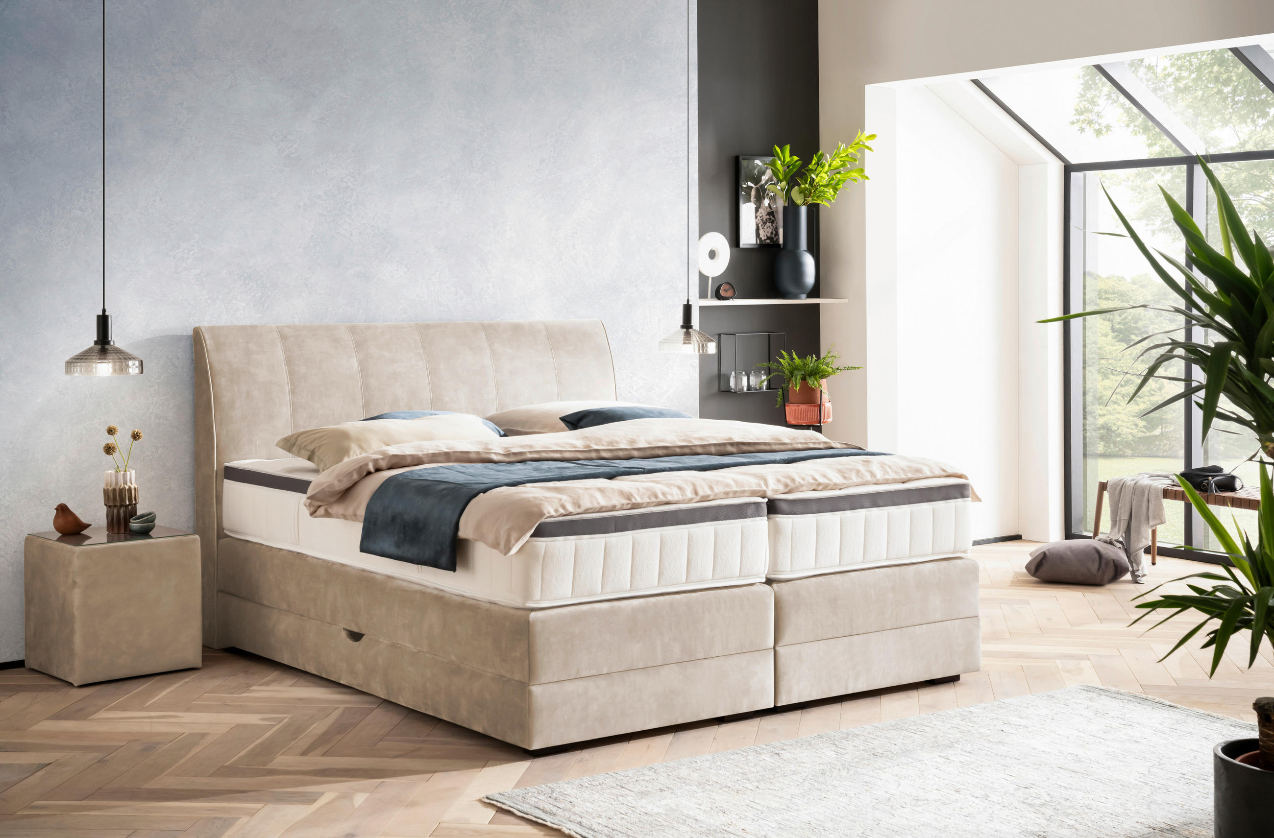 BOXSPRINGBETT 200/200 cm  in Beige  - Wengefarben/Beige, KONVENTIONELL, Holz/Textil (200/200cm) - Novel