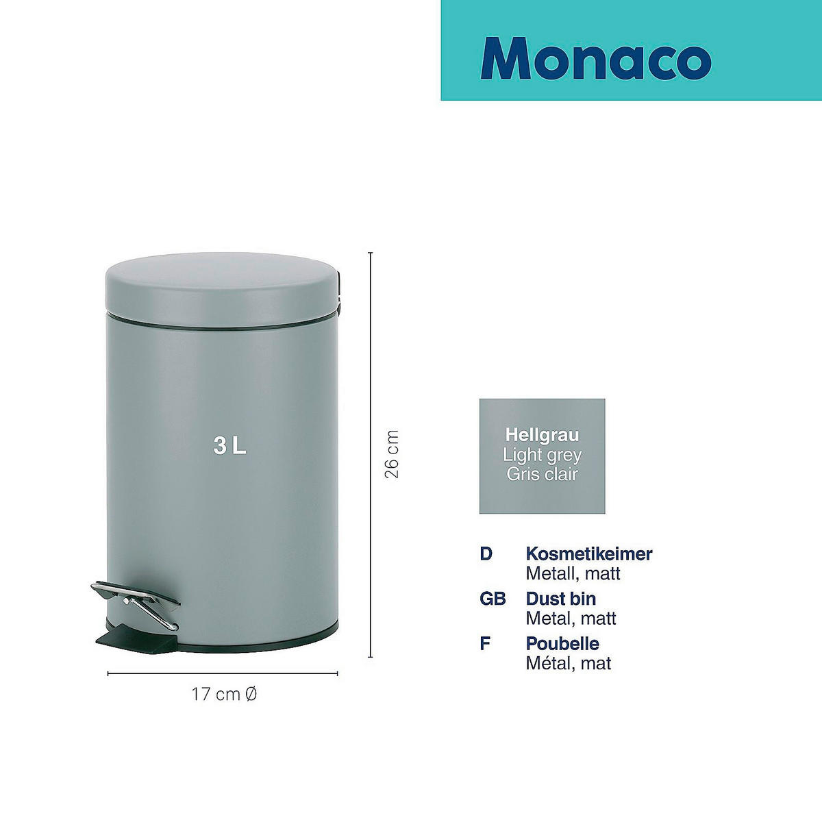 KOSMETIKEIMER MONACO 3 L  - Hellgrau/Schwarz, Basics, Kunststoff/Metall (17/26cm) - Kela