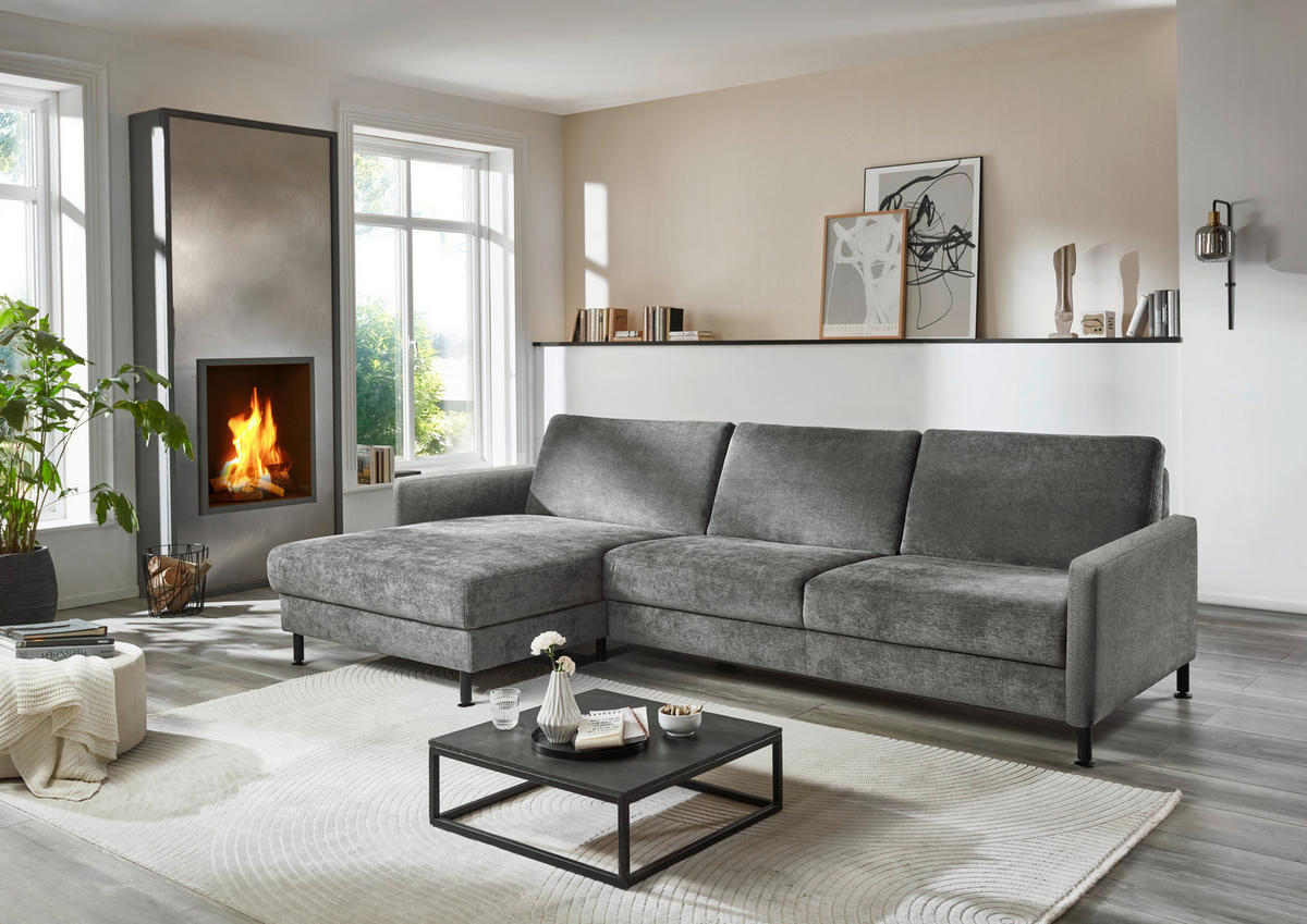 ECKSOFA in Chenille, Flachgewebe Dunkelgrau  - Dunkelgrau/Schwarz, Design, Textil/Metall (175/316cm) - Dieter Knoll