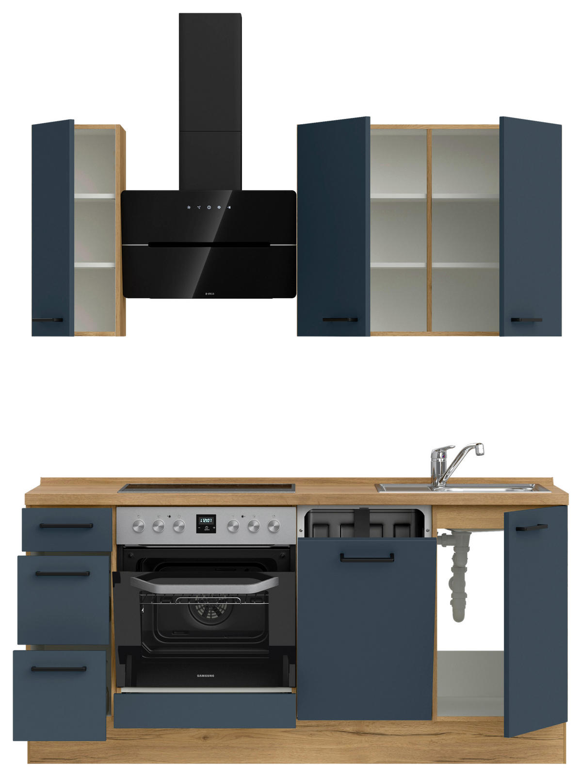 KÜCHENBLOCK Easytouch 180 cm  in Eichefarben, Dunkelblau  - Eichefarben/Schwarz, MODERN, Holzwerkstoff/Metall (180cm) - Nobilia
