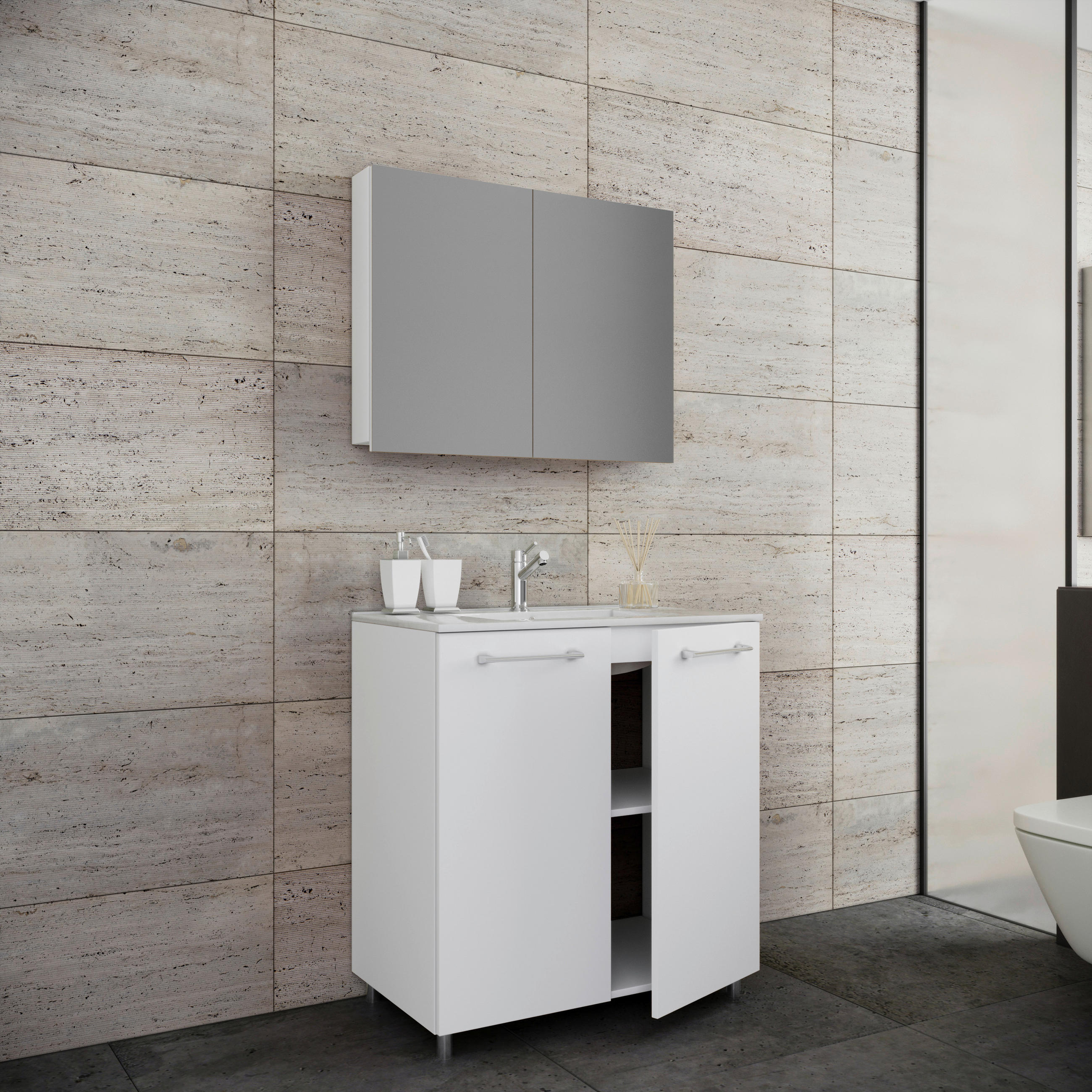 BADEZIMMER 3-teilig  in 80 cm  - Alufarben/Weiß, MODERN, Keramik/Holzwerkstoff (80cm) - MID.YOU