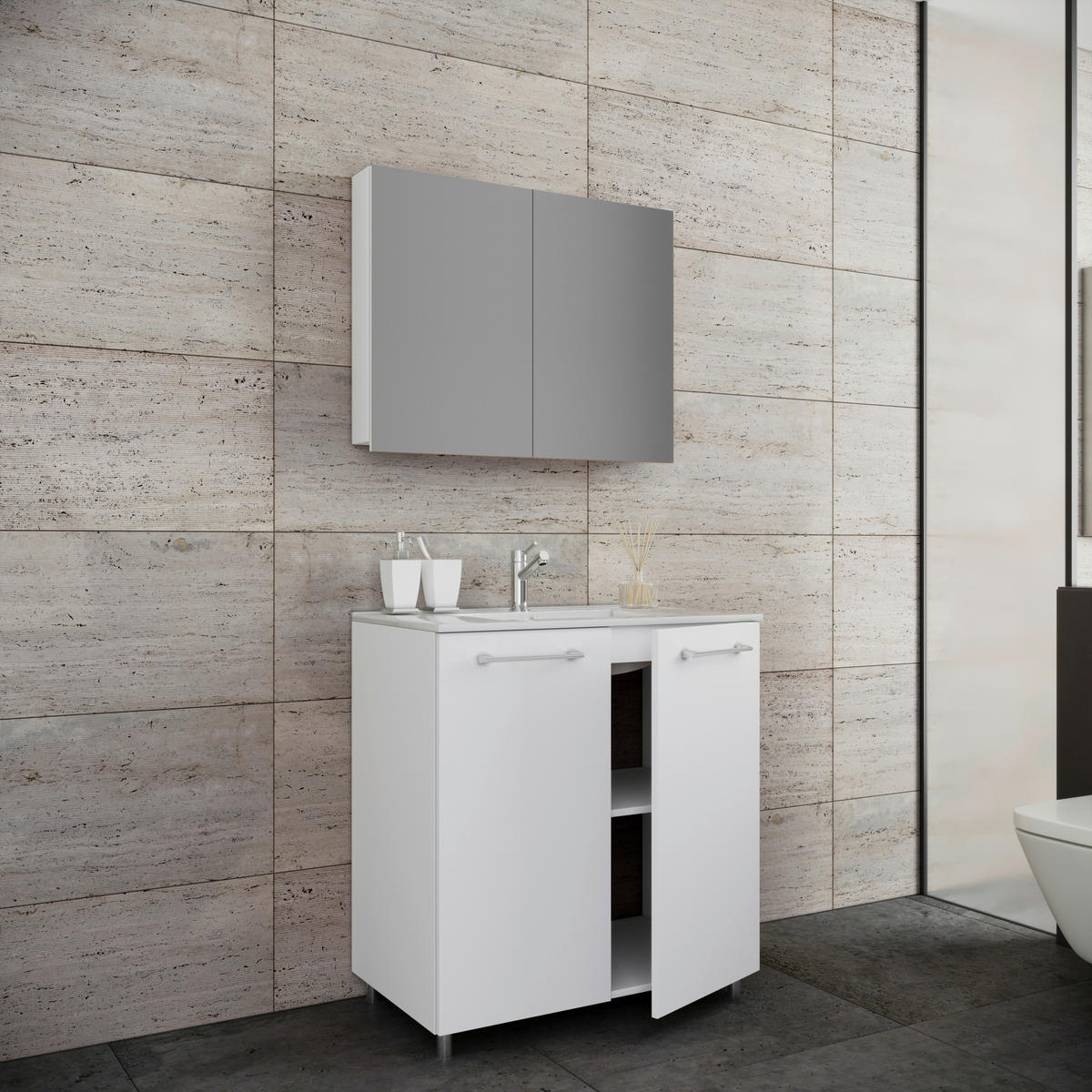 BADEZIMMER 3-teilig  in 80 cm  - Alufarben/Weiß, MODERN, Keramik/Holzwerkstoff (80cm) - MID.YOU