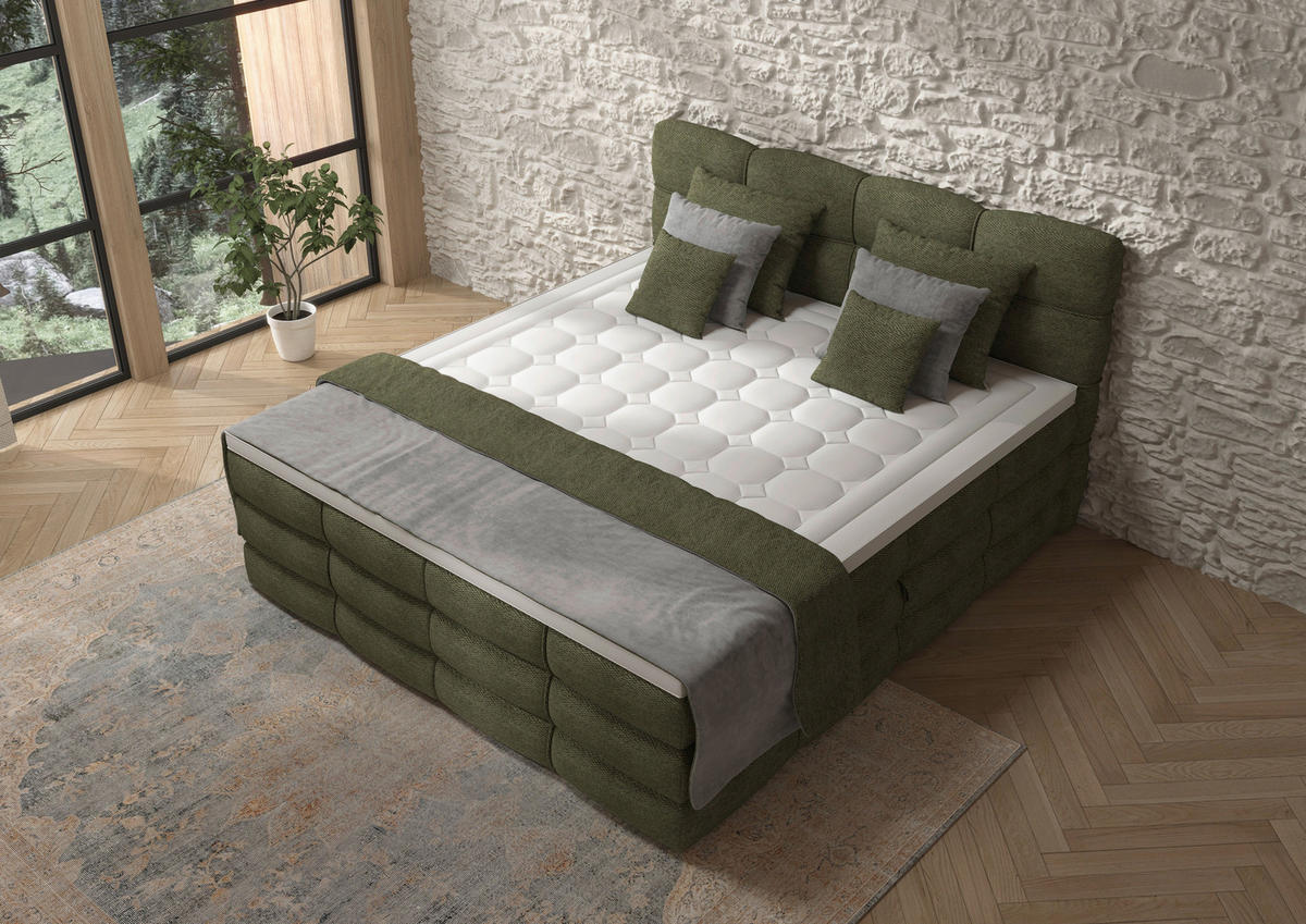 BOXSPRINGBETT 160/200 cm,  in Grün, gepolstertes Kopfteil, Bettkasten, Topper, Matratzen, H3 + H3 = fest  - Schwarz/Grün, Design, Kunststoff/Textil (160/200cm) - Chameo