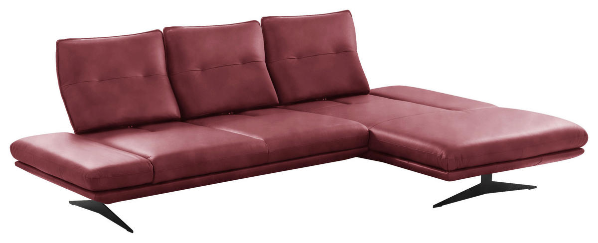 ECKSOFA Kirschrot Echtleder Armteilverstellung, Kopfteilverstellung, Sitztiefenverstellung  - Schwarz/Kirschrot, Design, Leder/Metall (291/180cm) - Celina Home