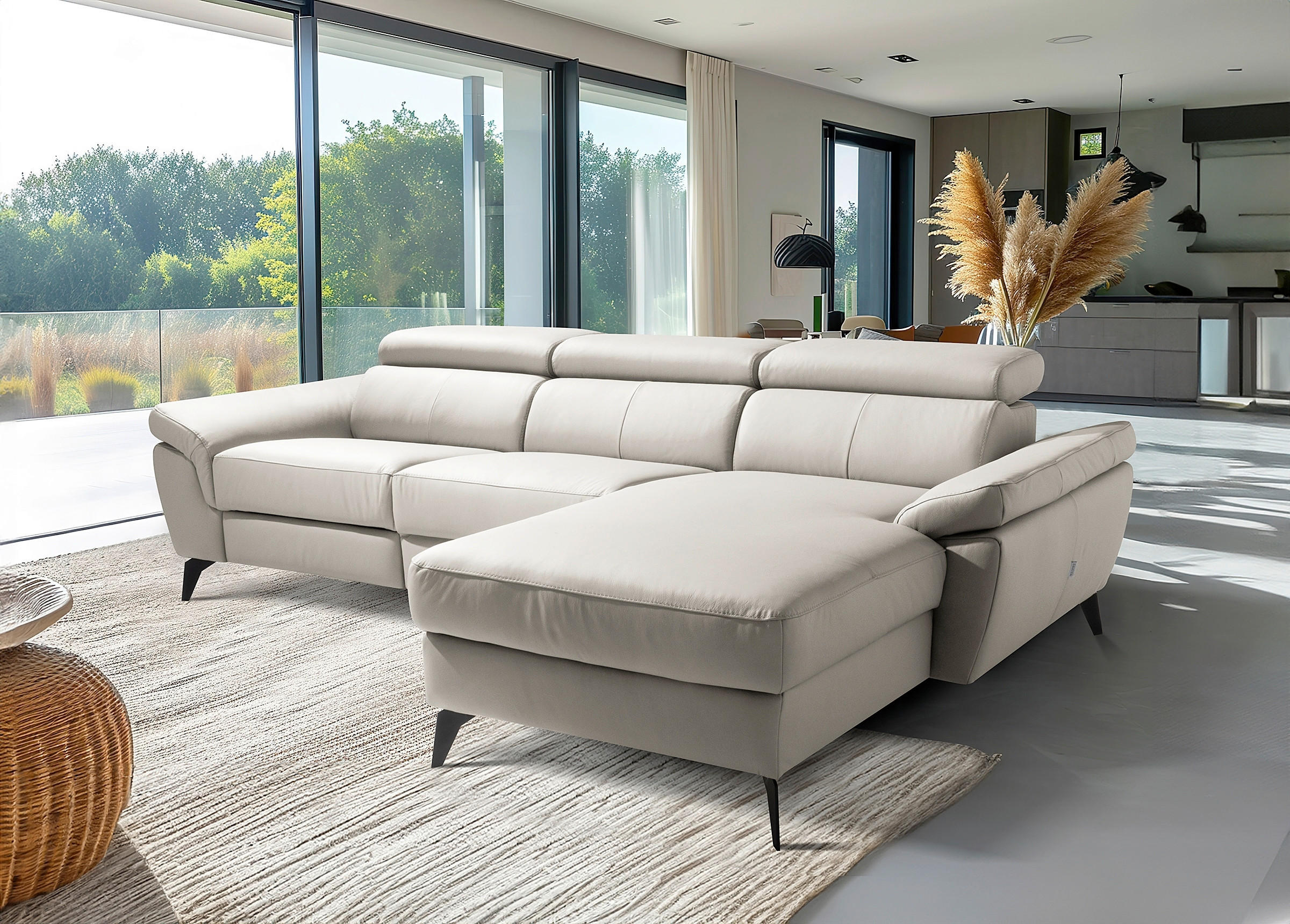 ECKSOFA SONO in Lederlook Echtleder Platinfarben Armteilverstellung, Kopfteilverstellung  252/179 cm  - Platinfarben/Schwarz, Design, Leder/Textil (252/179cm) - Livetastic
