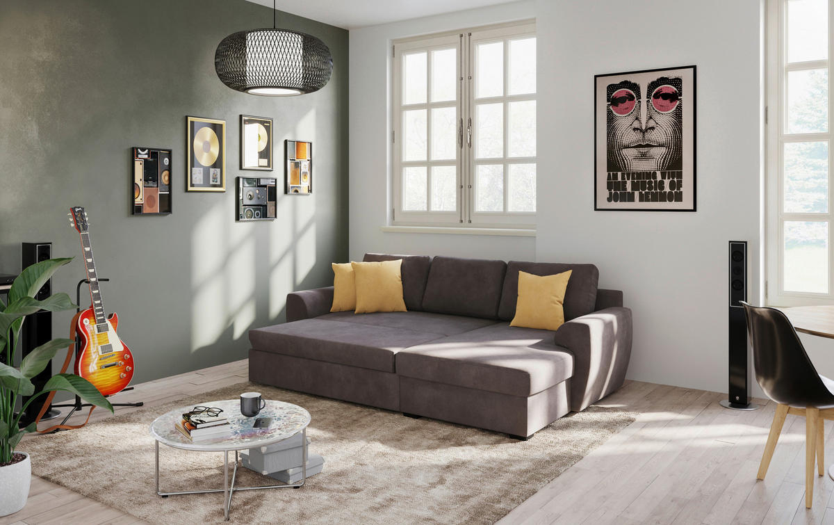 ECKSOFA Braun Mikrofaser Zierkissen, Bettkasten  - Schwarz/Braun, Trend, Kunststoff/Textil (253/154cm) - MID.YOU