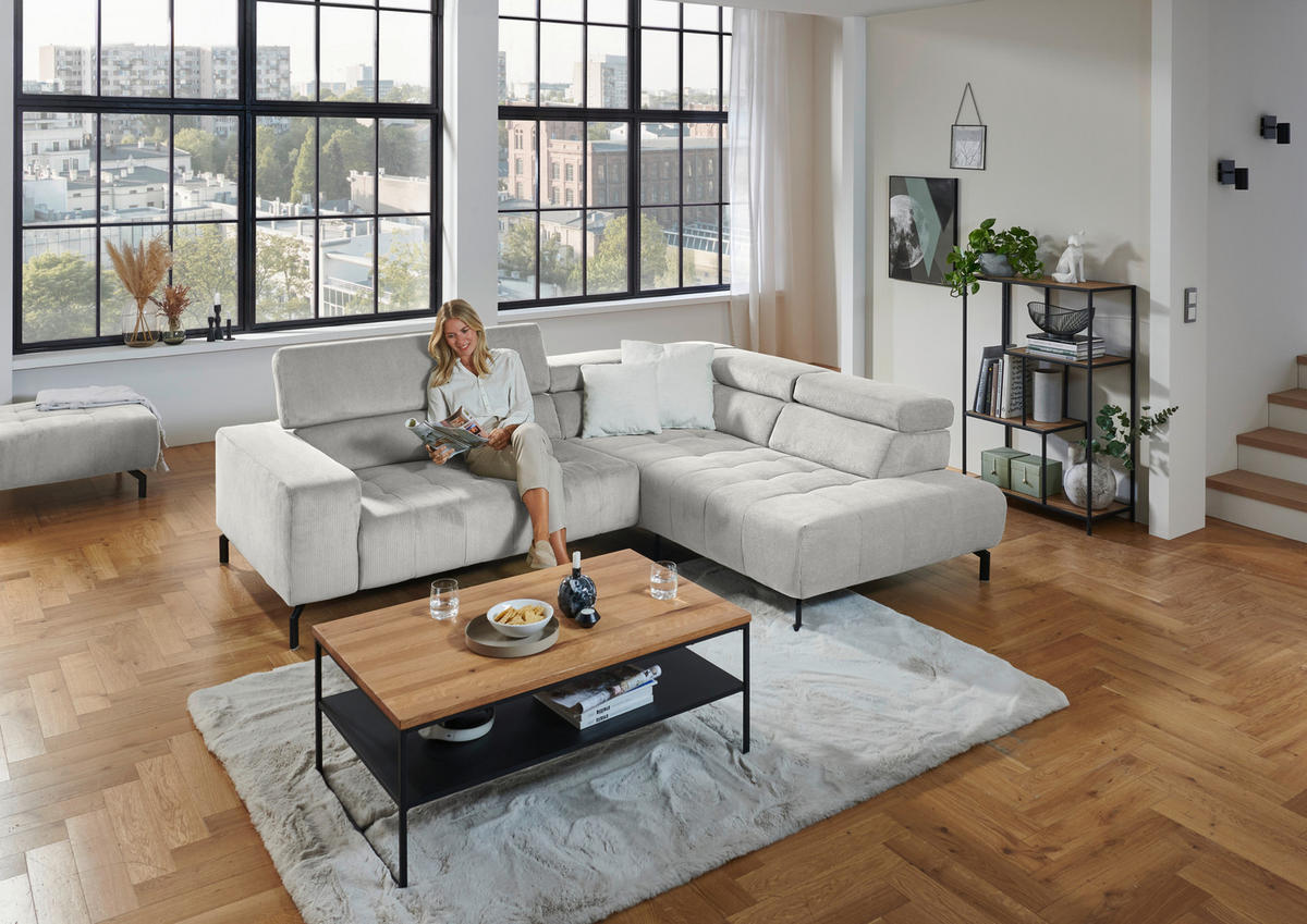 ECKSOFA Hellgrau Cord  - Hellgrau/Schwarz, Design, Textil/Metall (261/214cm) - Beldomo Style