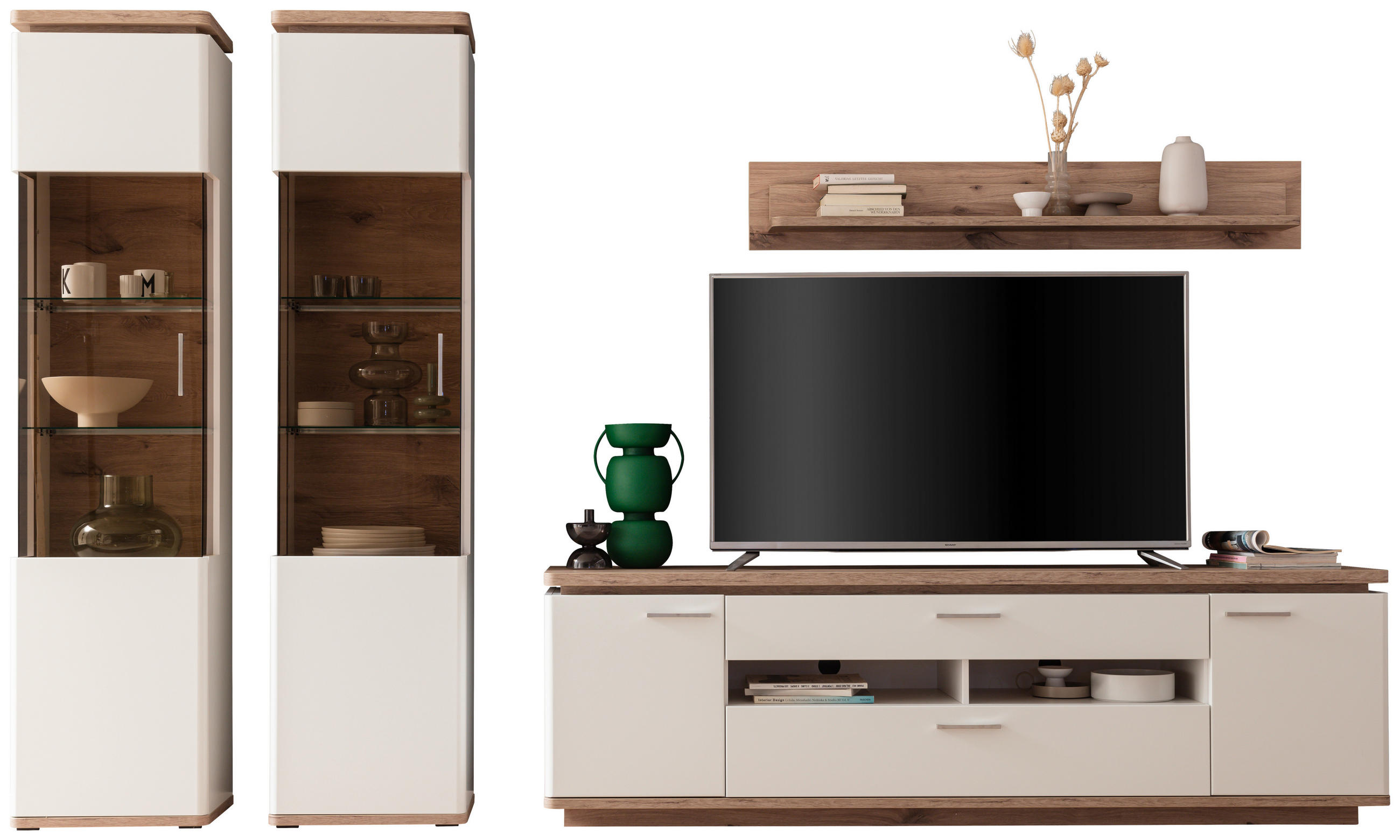 WOHNWAND 4-teilig  in Weiss, Eichefarben 330/208/50 cm  - Weiss/Eichefarben, Design, Glas/Holzwerkstoff (330/208/50cm) - Livetastic