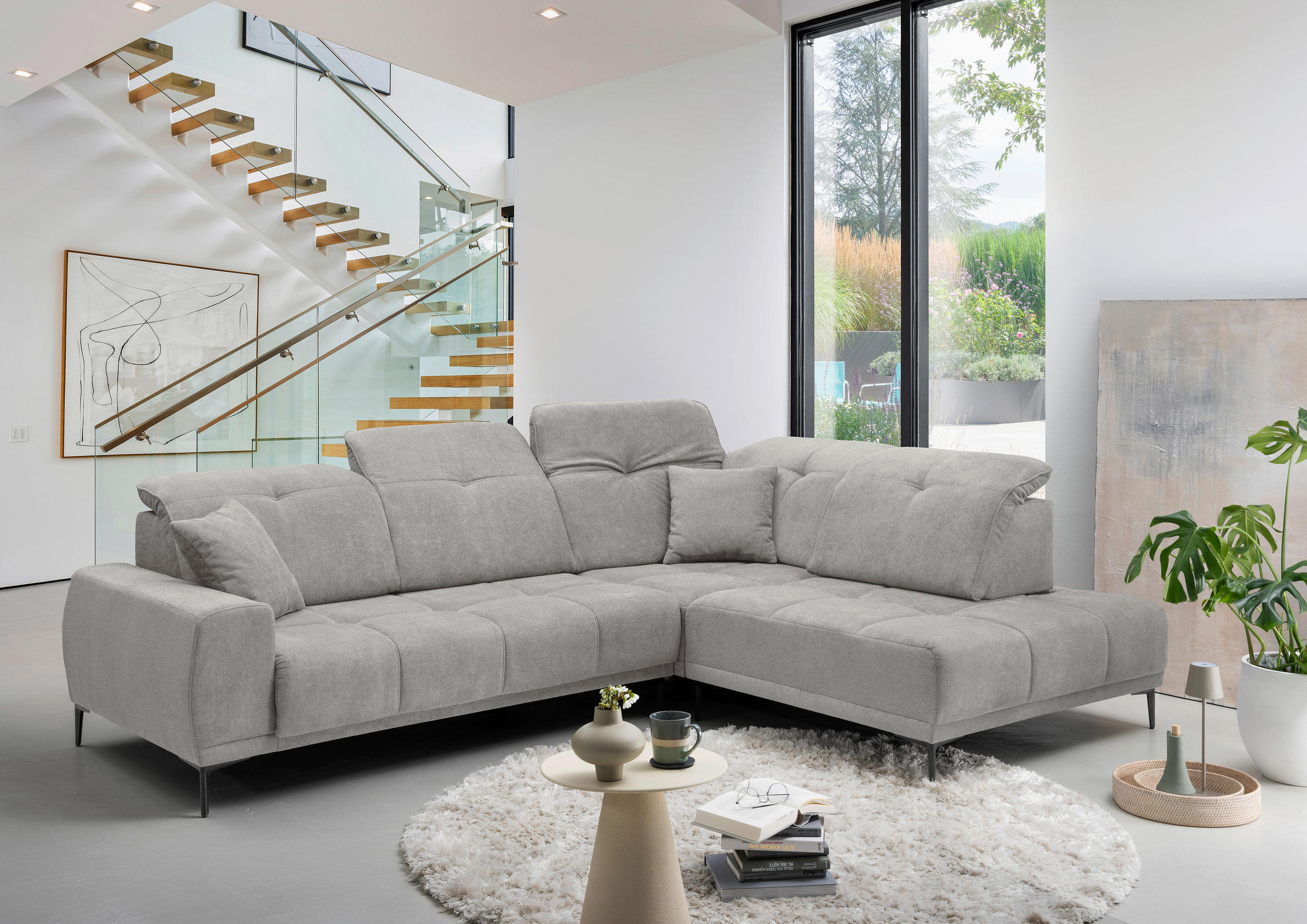 ECKSOFA NESTO Grau Chenille Zierkissen, Kopfteilverstellung, Sitzvorzug  - Schwarz/Grau, Basics, Textil/Metall (305/232cm) - Livetastic