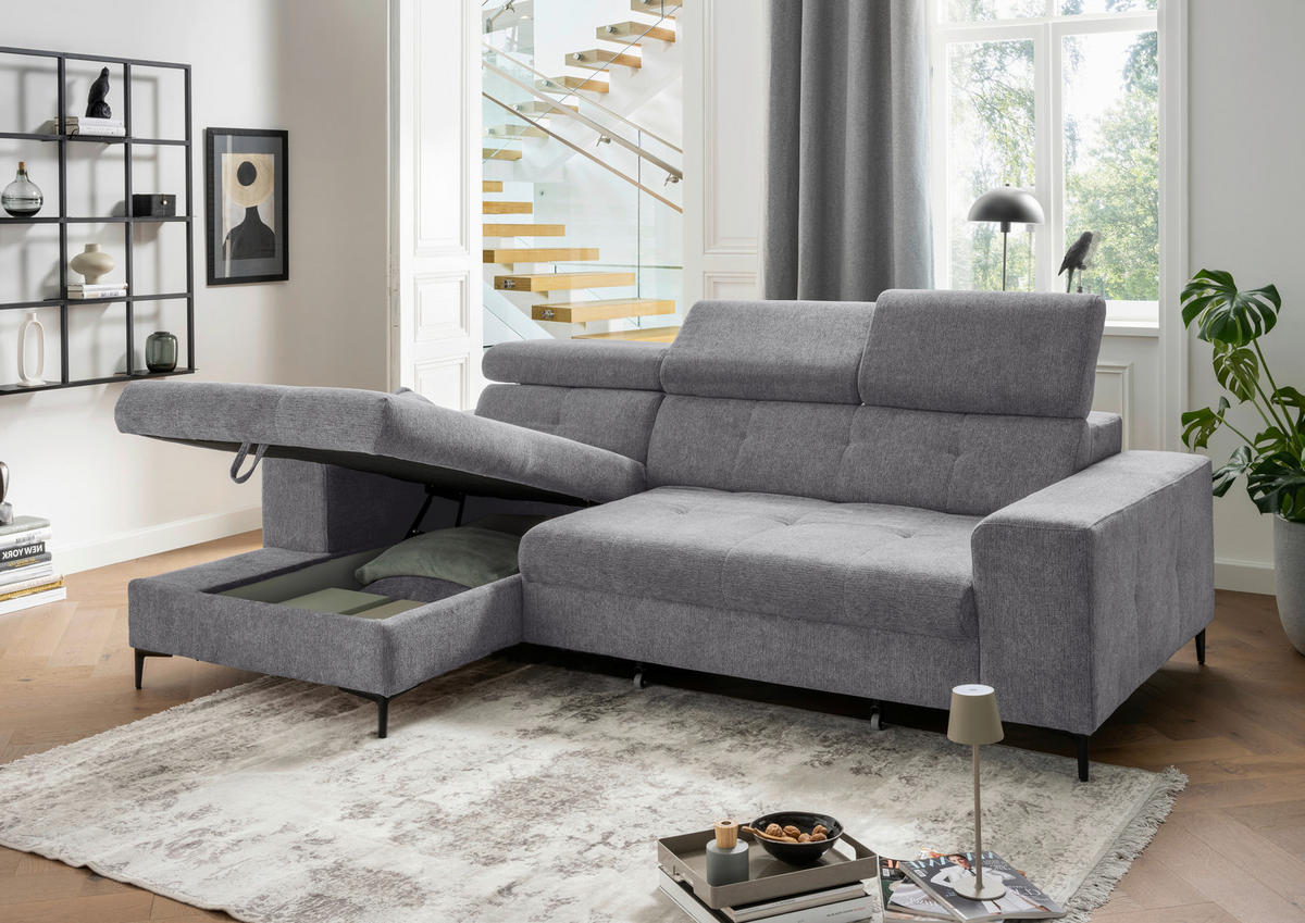 ECKSOFA Chenille Dunkelgrau  - Dunkelgrau/Schwarz, Basics, Textil/Metall (186/270cm) - Livetastic