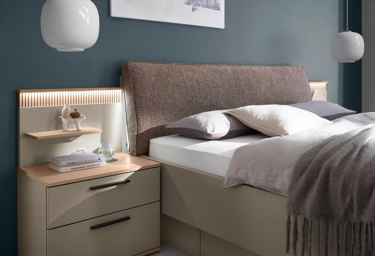BETT 180/200 cm,  in Taupe, Eiche Bianco, gepolstertes Kopfteil,  - Taupe/Eiche Bianco, Design, Holz (180/200cm) - Dieter Knoll