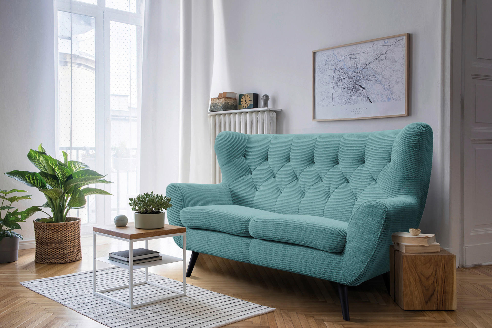 2-SITZER-SOFA Cord Türkis  - Türkis/Schwarz, Design, Holz/Textil (137/101/95cm) - Stylife